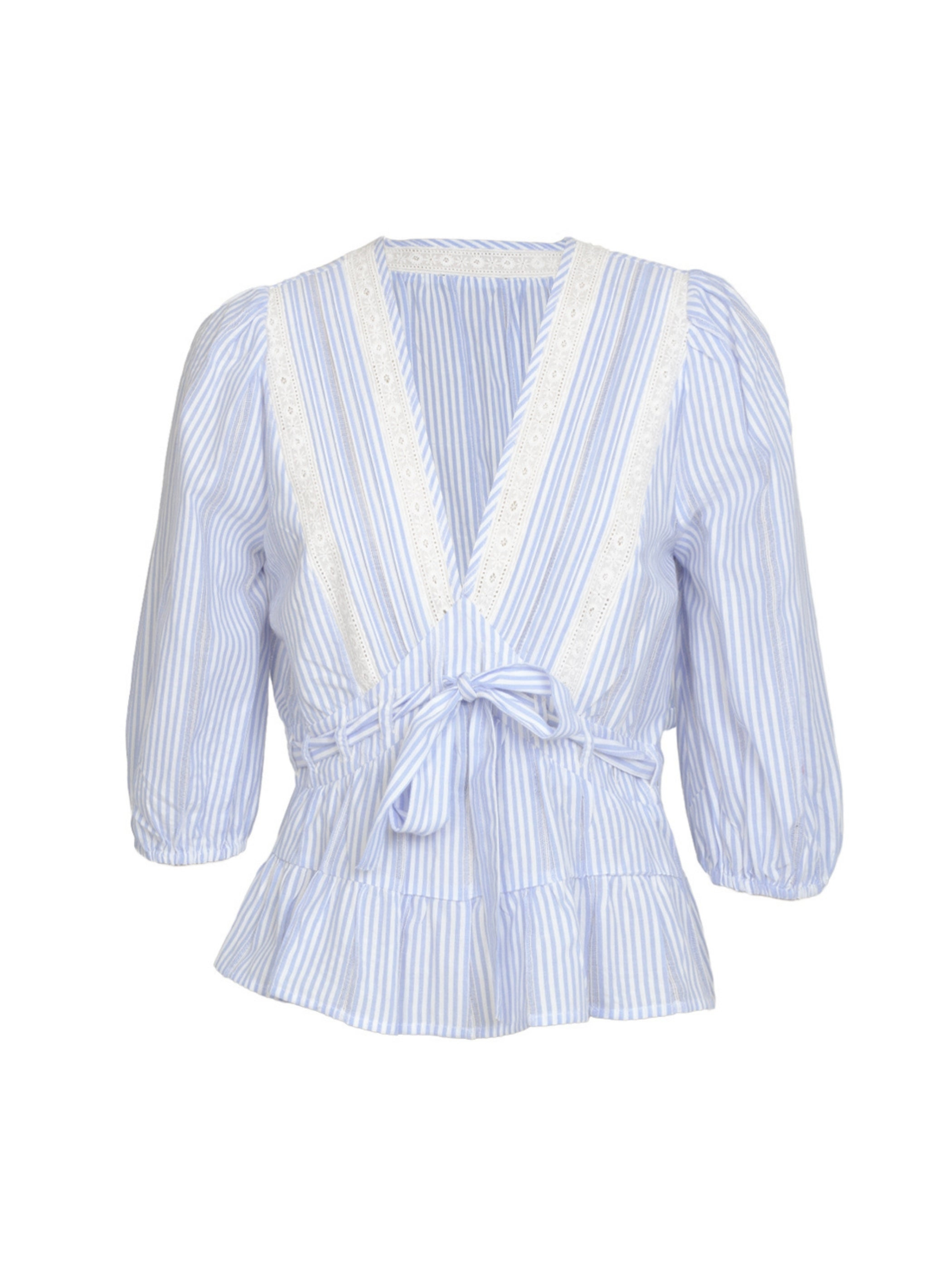 Rose & Nancy Women's Blue / White Chloe Blue Stripe Lace Trim Blouse