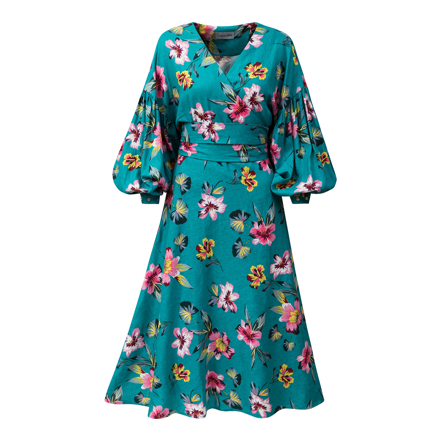 La Femme Mimi Women's Wrap Linen Dress Flower Power