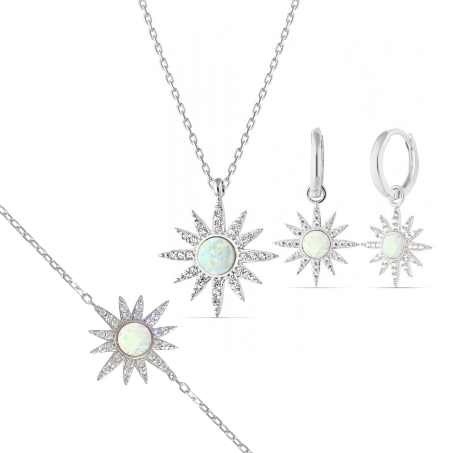 Women’s White Opal Sun Sterling Silver Necklace Earring & Bracelet Set - Silver Spero London