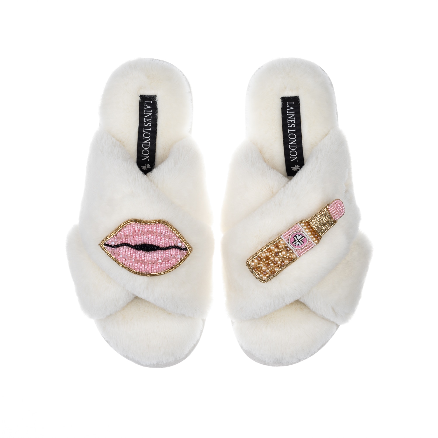 Women's White Classic Laines Slippers With Pink Lipstick & Lips Brooches - Cream | Extra Large | Laines London