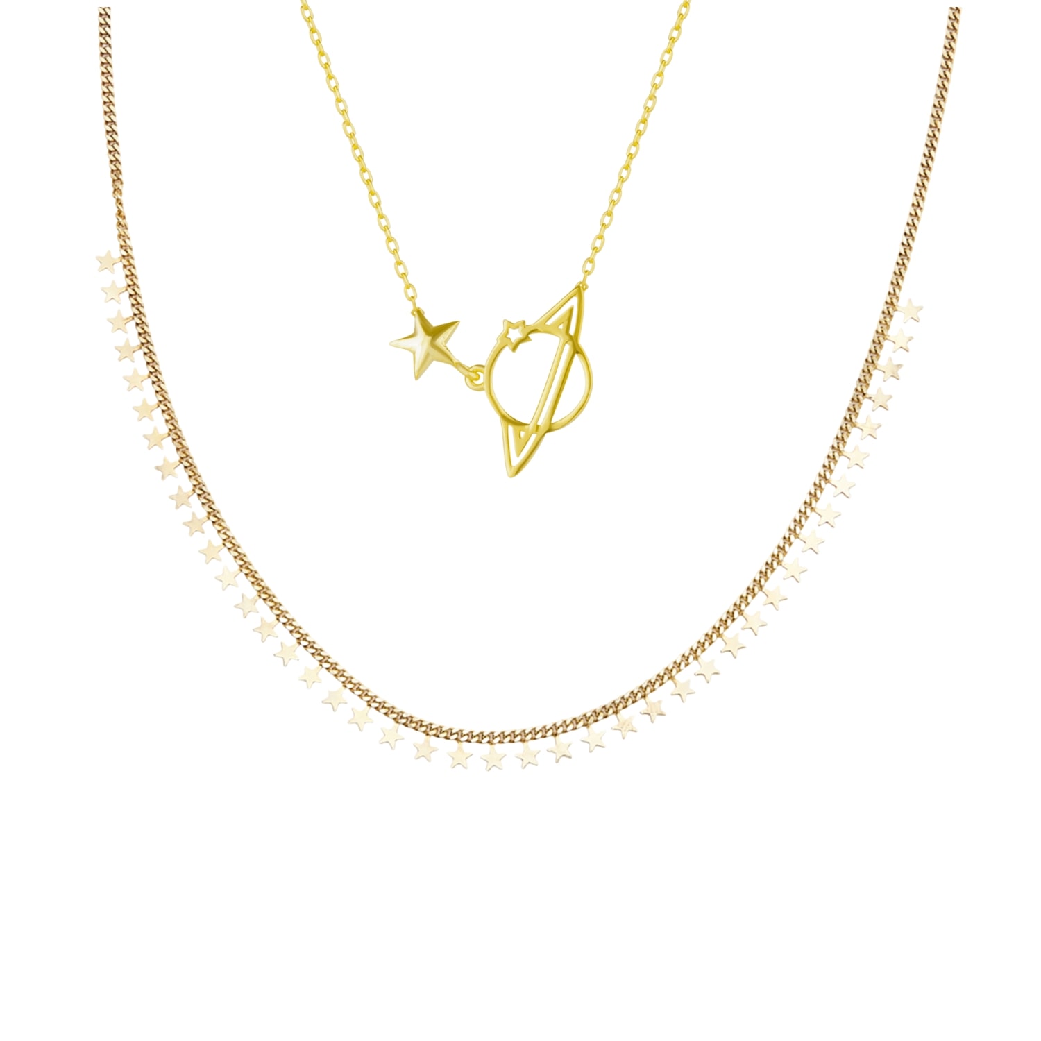 Spero London Women's Multiple Star Sterling Silver Station & Saturn Necklace Stacking Layering Set - Gold
