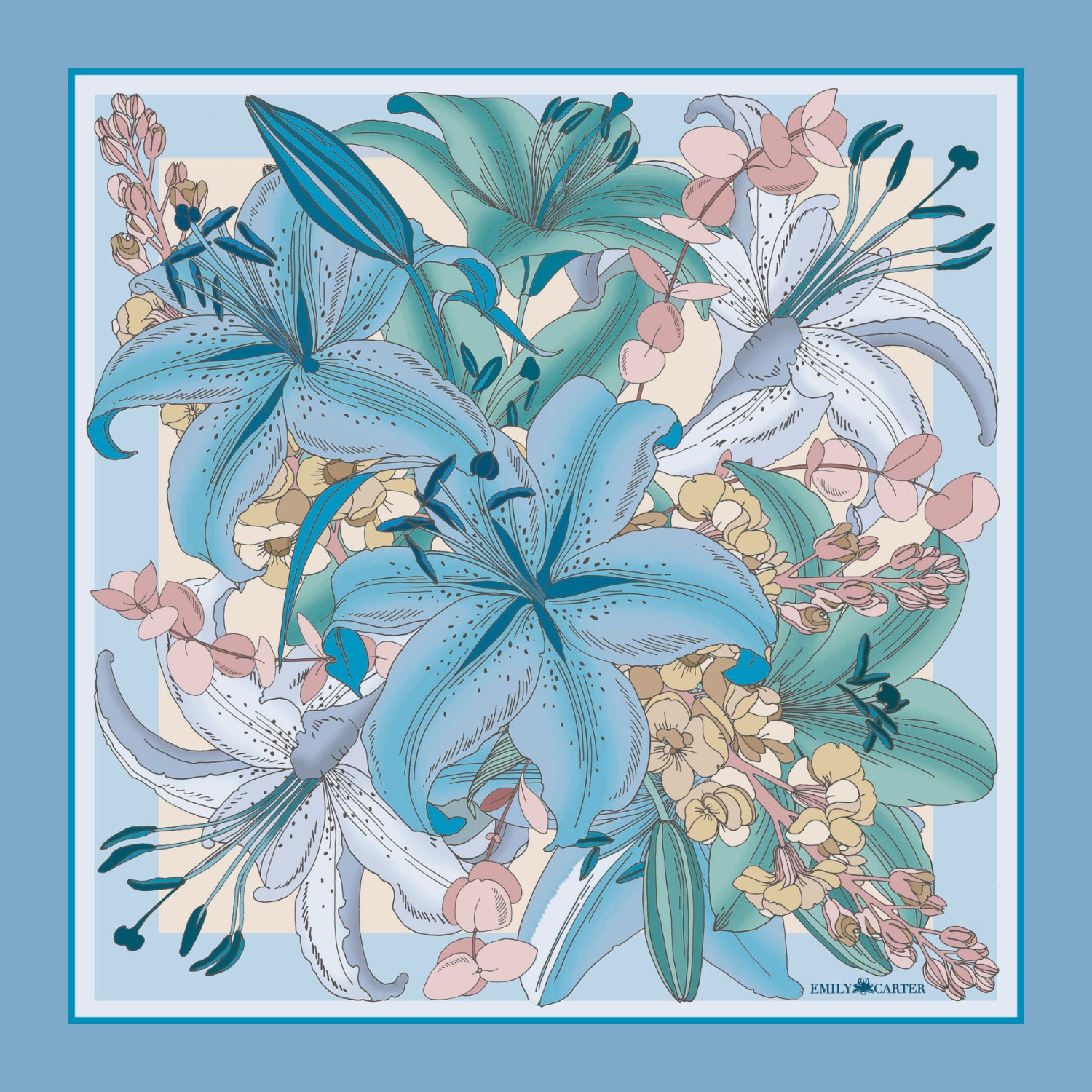 Emily Carter Women's Blue The Lily Bouquet Silk Scarf - L