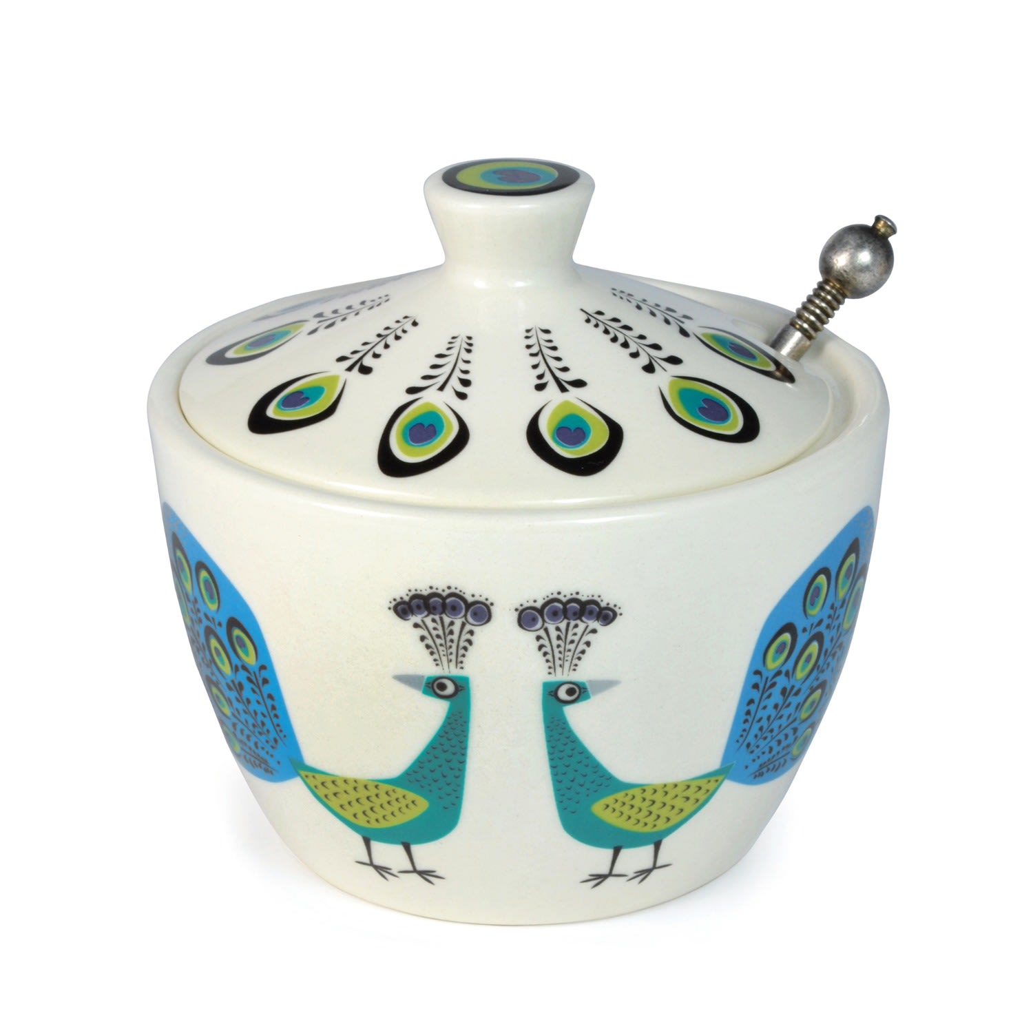 Hannah Turner White / Blue Peacock Sugar Bowl With Lid In Multi