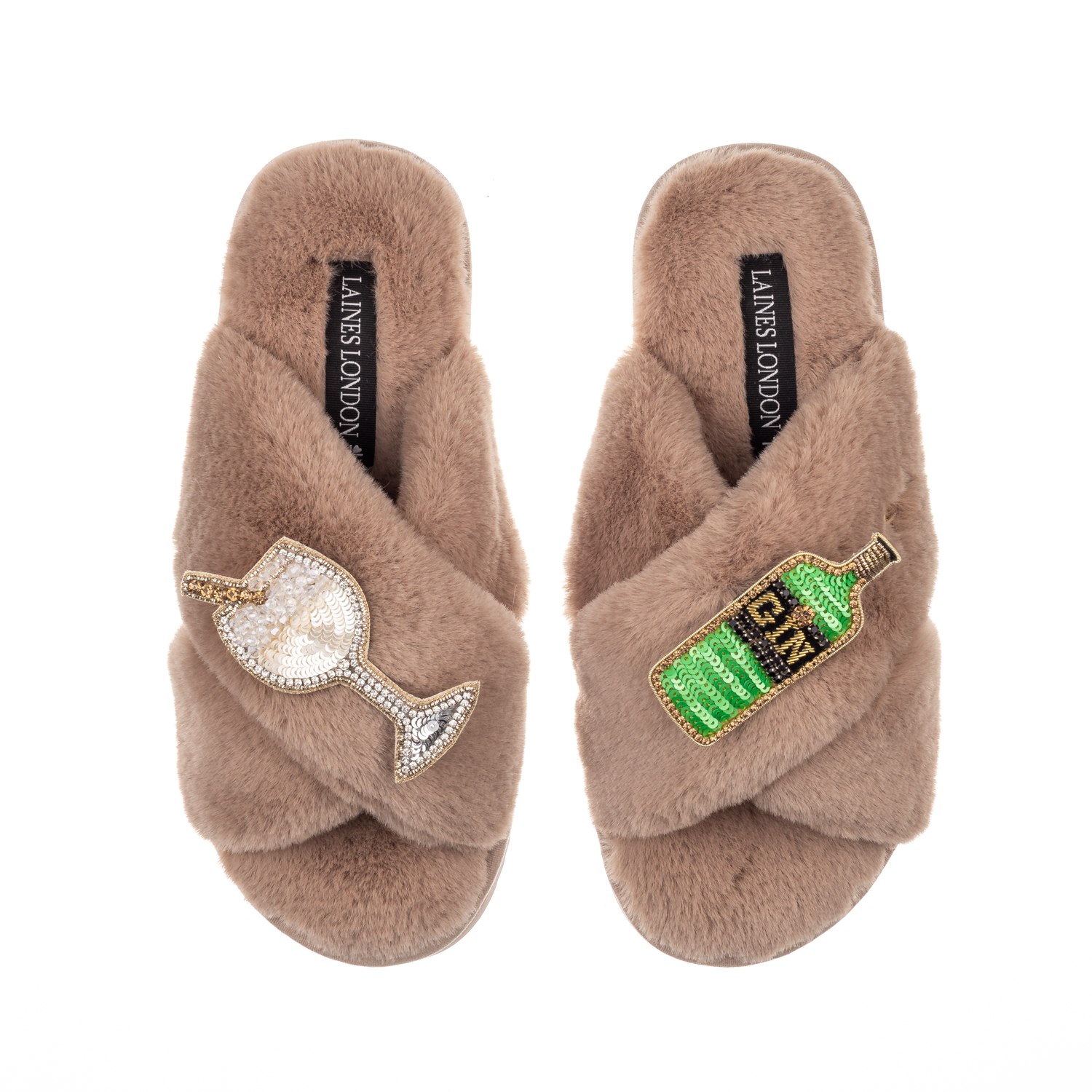 Women’s Brown Classic Laines Slippers With Original Gin & Glass Brooches - Toffee Large Laines London