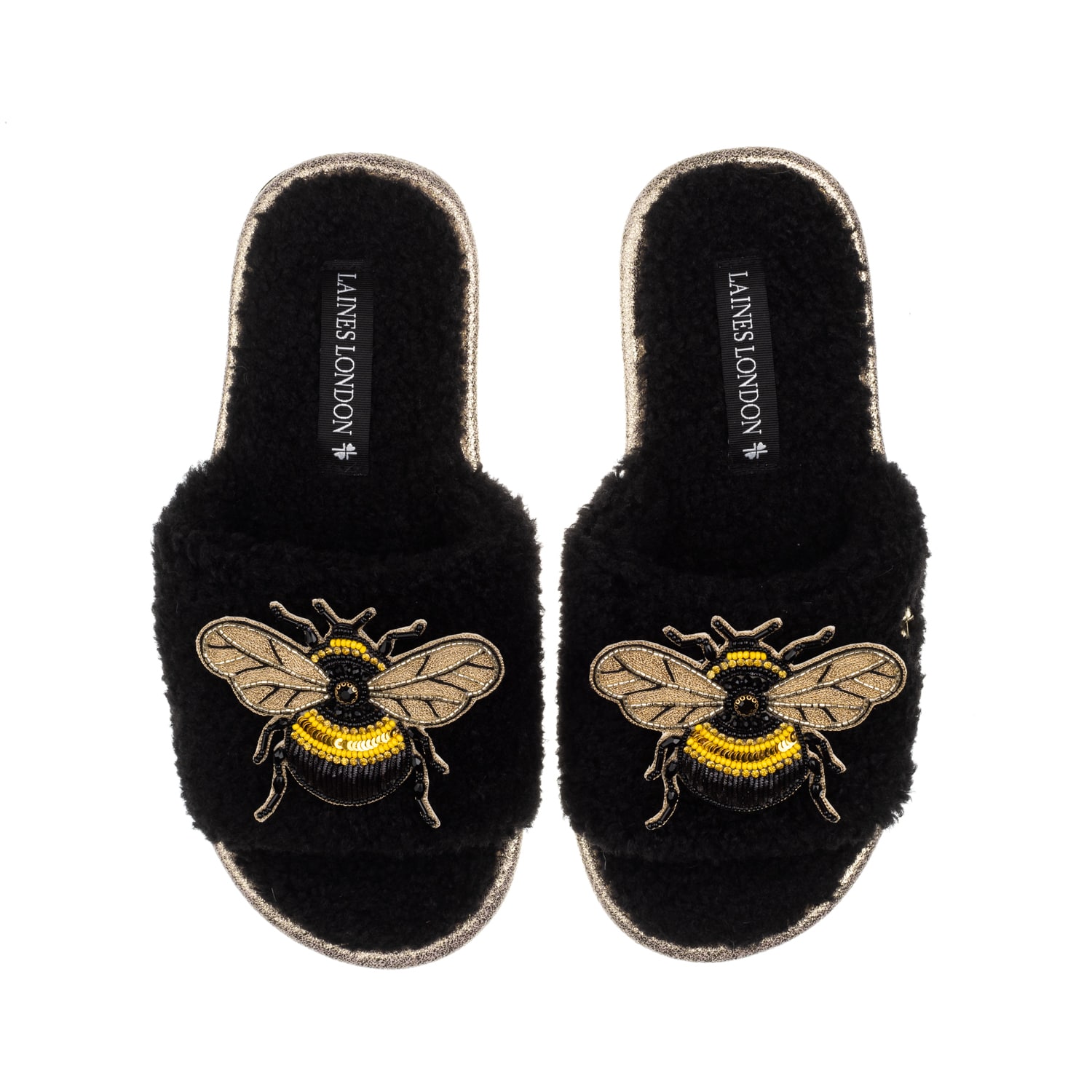 Laines London Women's Teddy Toweling Slipper Sliders With Double Honeybee Brooches - Black In Black
