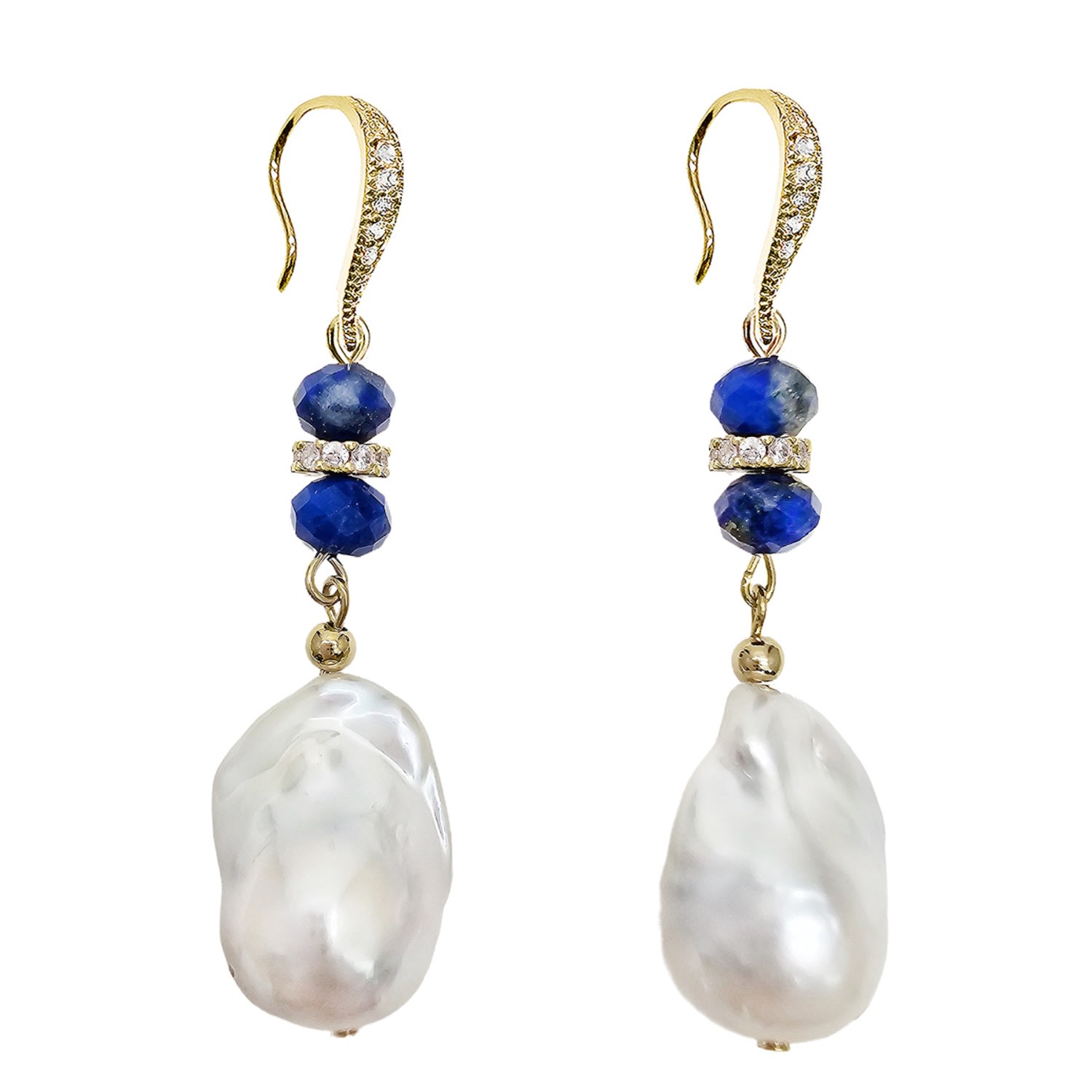 Farra Women's White Elegance Baroque Pearls With Lapis Dangle Earrings