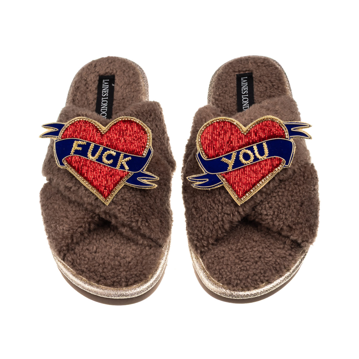 Laines London Women's Brown / Neutrals Laines Neutral Boucle Slippers With Fuck You Brooches - Mink