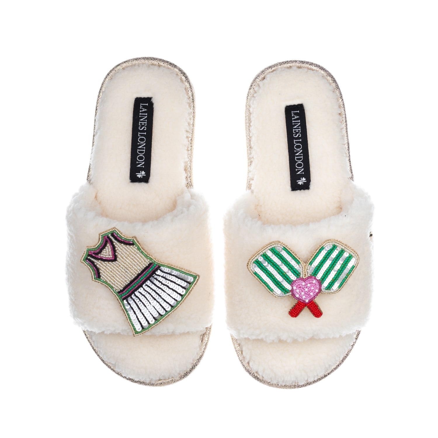 Laines London Women's White Teddy Toweling Slipper Sliders With Pickleball Brooches - Cream In White