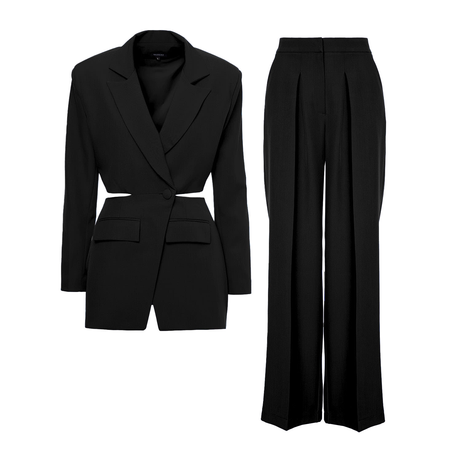 Bluzat Women's Black Suit With Blazer With Waistline Cut-out And Ultra Wide Leg Trousers In Black