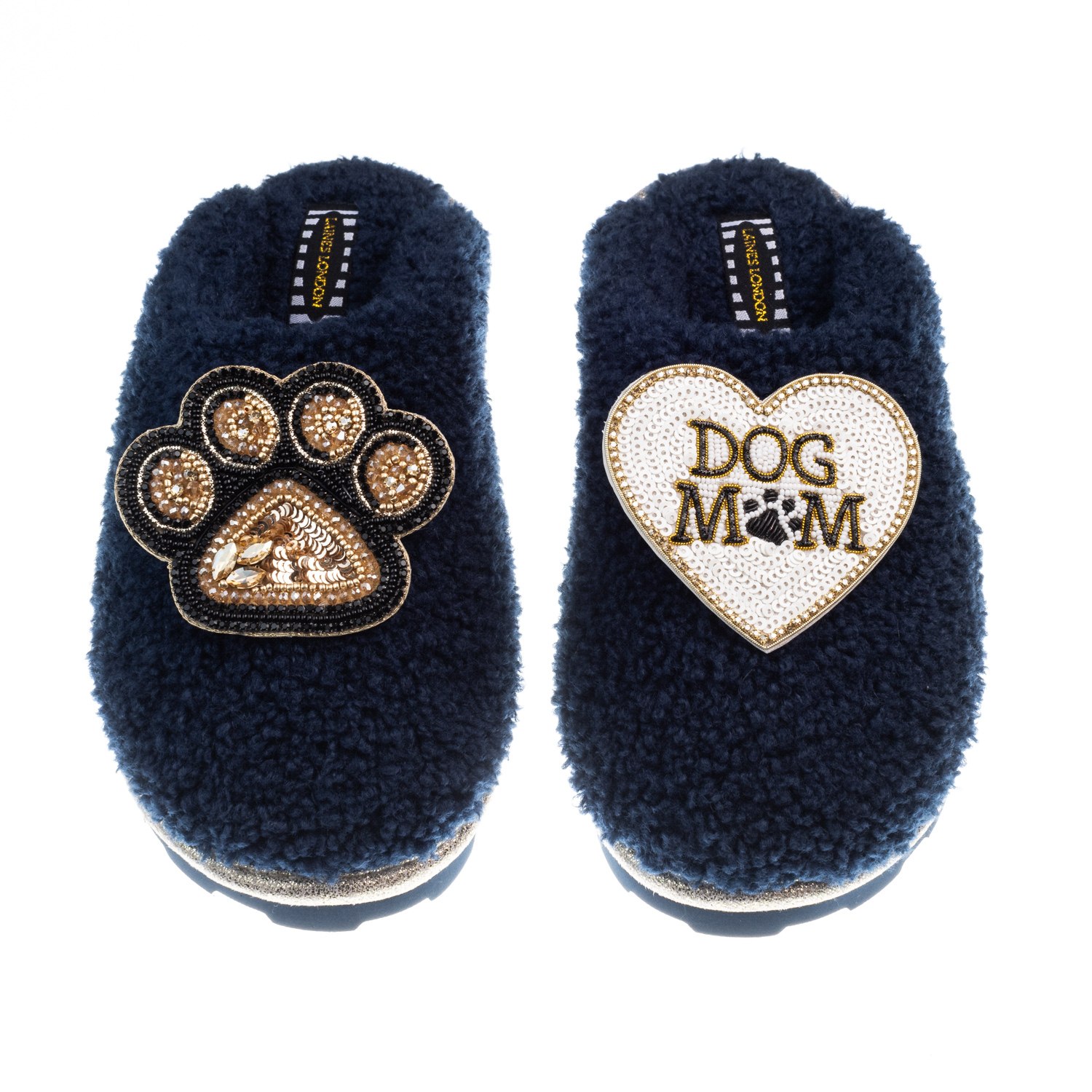 Women’s Blue Teddy Closed Toe Slippers With Dog Mum / Mom & Paw Brooches - Navy Medium Laines London