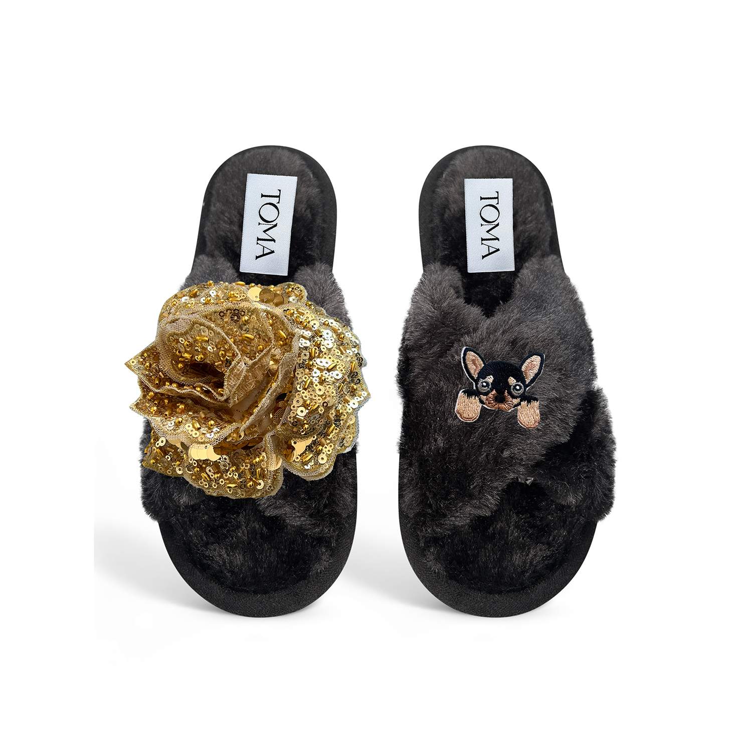 Toma Women's Classic  Open Toe Gold Sequin Flower And Dog Twelve Black Slippers In Black
