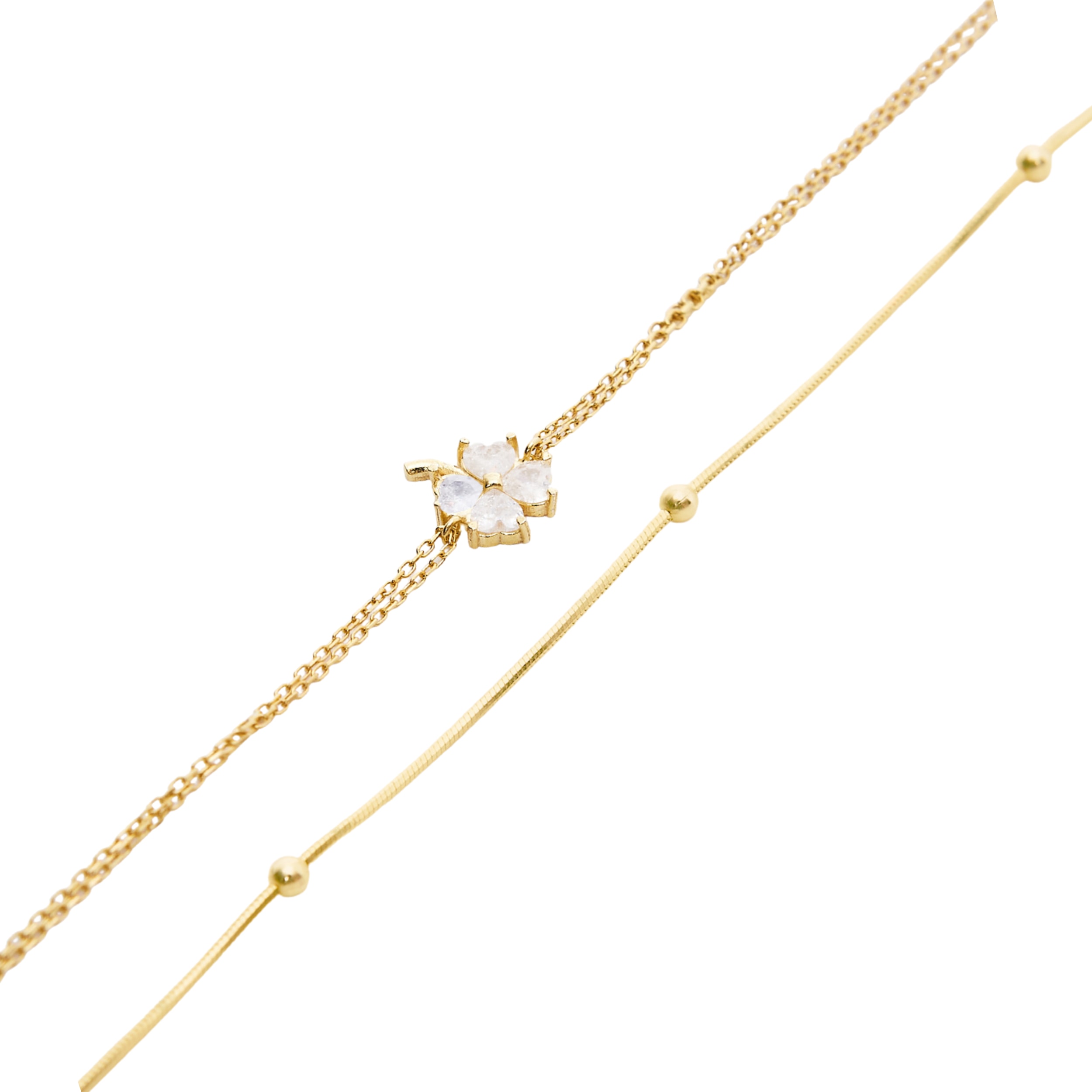 Women’s White Clover Bracelet & Italian Bead Chain Bracelet Layering Set - Gold Spero London