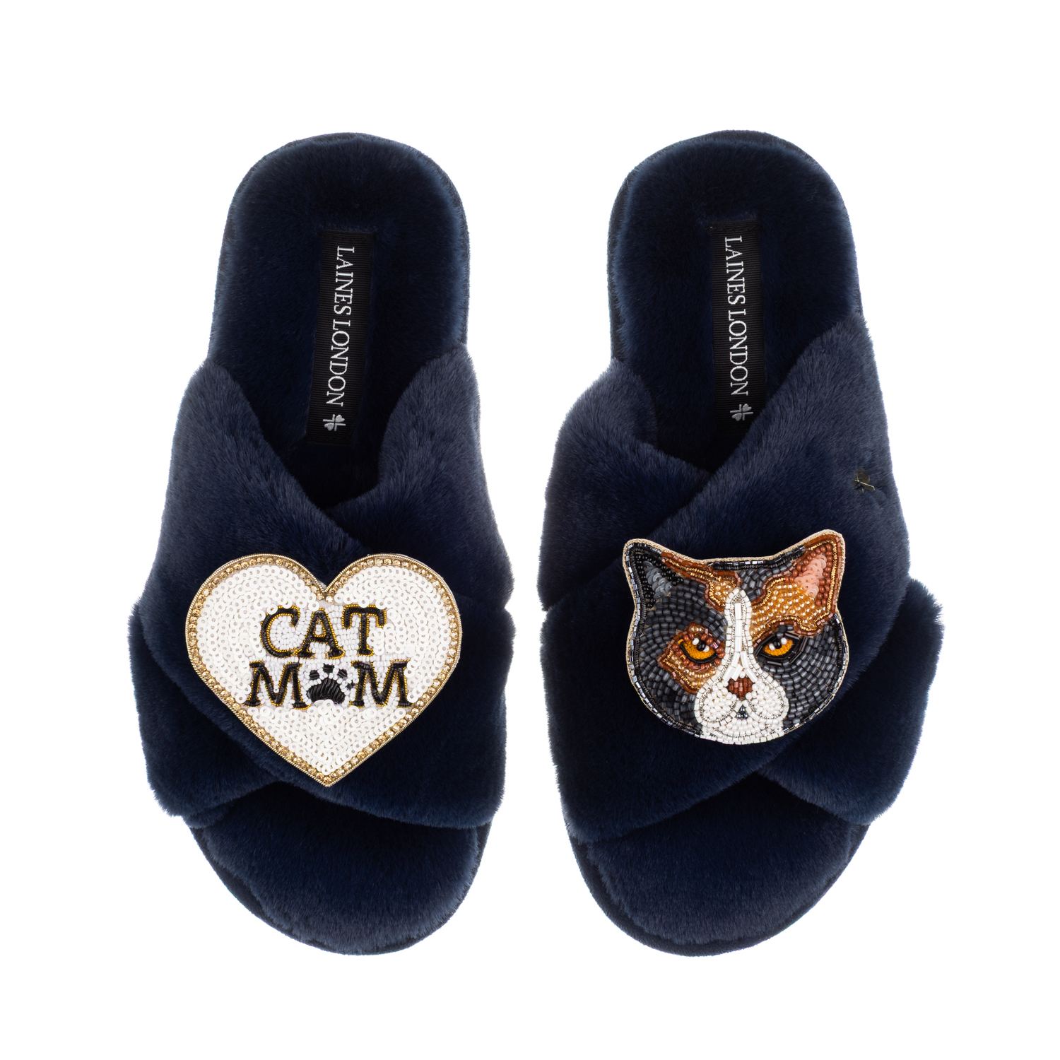Laines London Women's Blue Classic Slippers With Cat Mum/mom & Domestic Shorthair Calico Cat Brooches - Navy In Blue