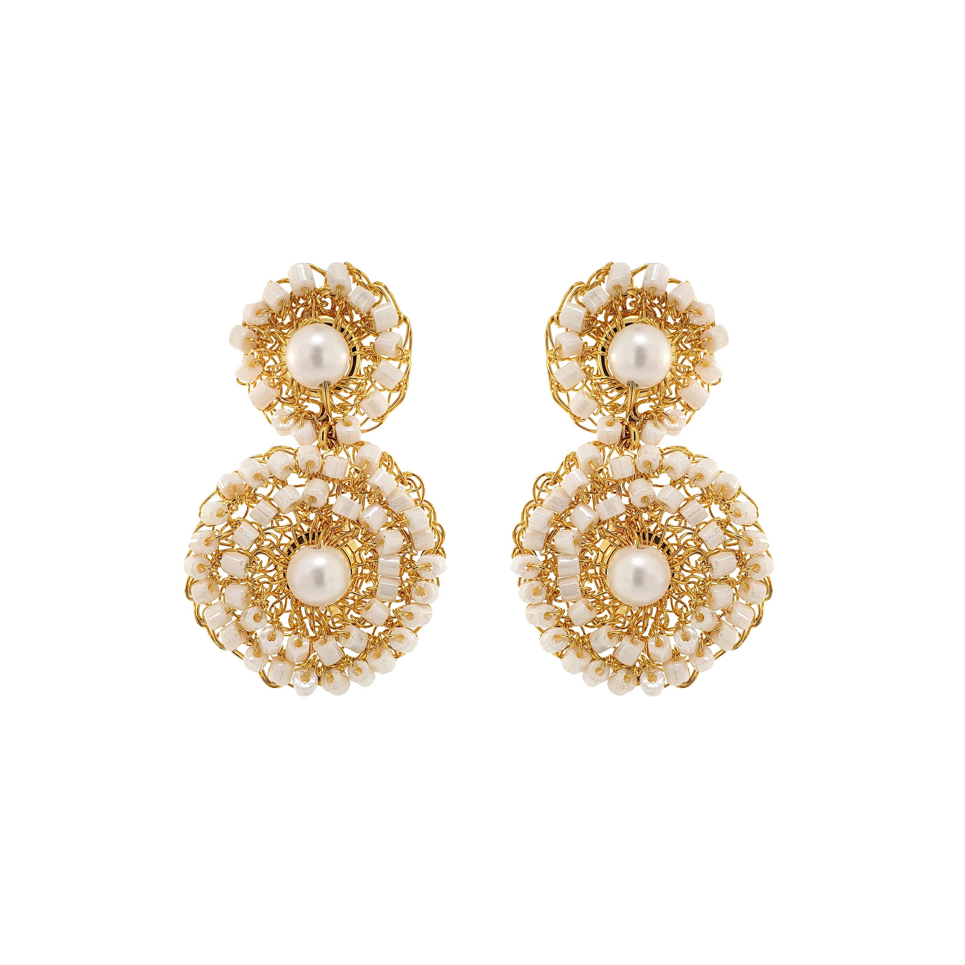 Lavish By Tricia Milaneze Women's Neutrals / Gold / White Pearl White & Gold Patch Mini Handmade Crochet Earrings