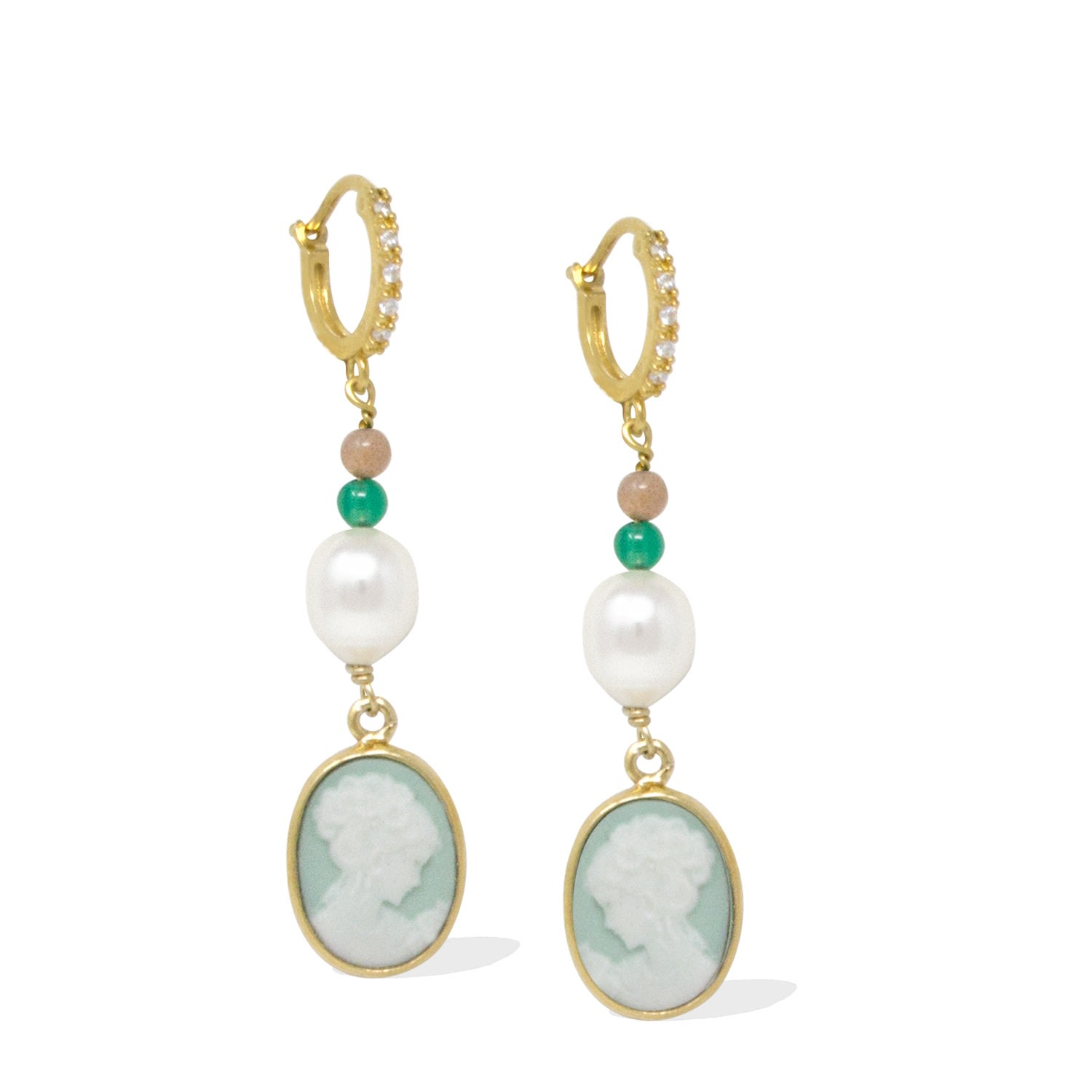 Vintouch Italy Women's Little Lovelies Gold-plated Green Cameo Hoop Earrings In Green