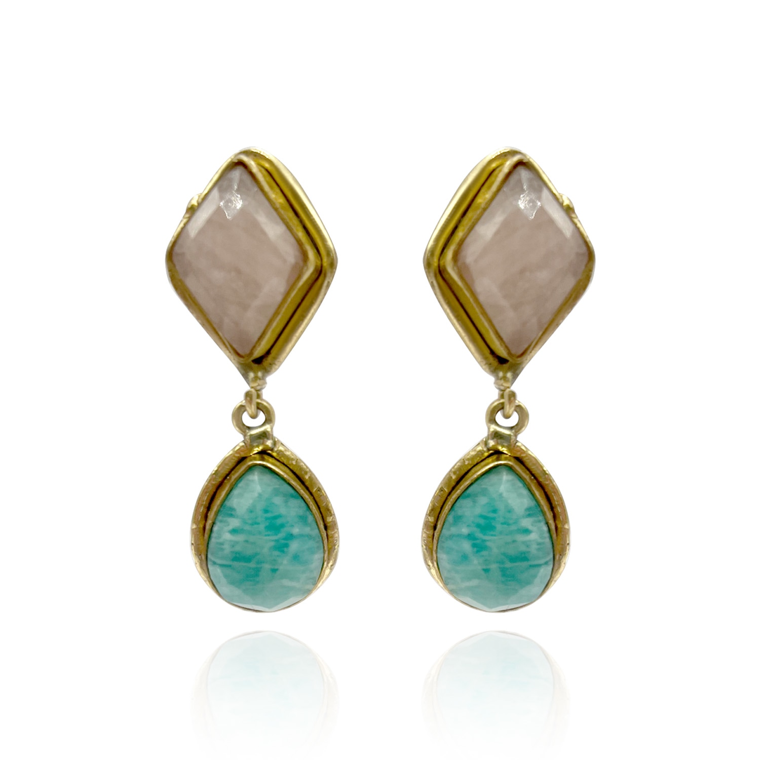 Michael Nash Jewelry Women's Orange / Blue Gold Plated Brass Clip Earrings With Faceted Rose Quartz And Amazonite In Multi