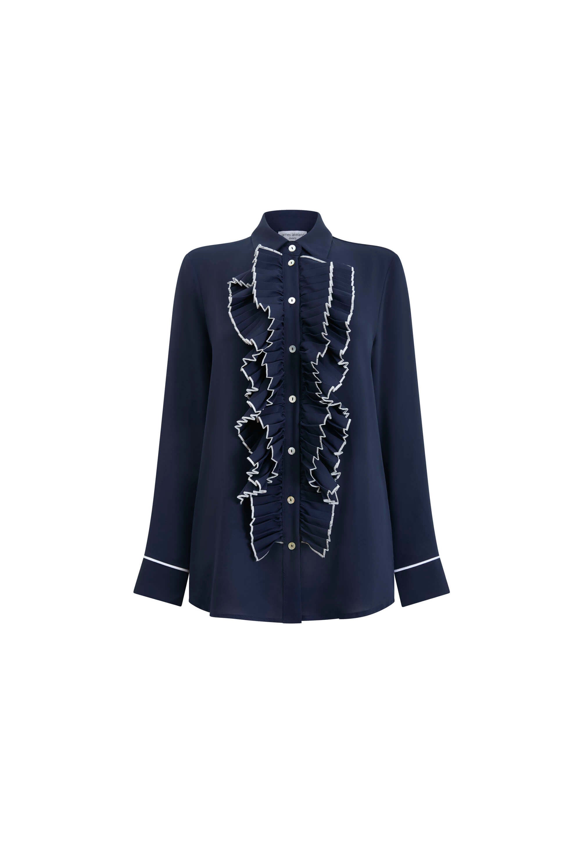 James Lakeland Women's Blue Front Ruffle Button Up Shirt Navy In Blue