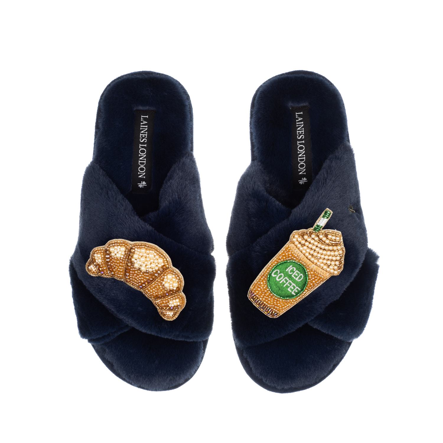 Laines London Women's Blue Classic Laines Slippers With Iced Coffee & Croissant Brooches - Navy In Blue