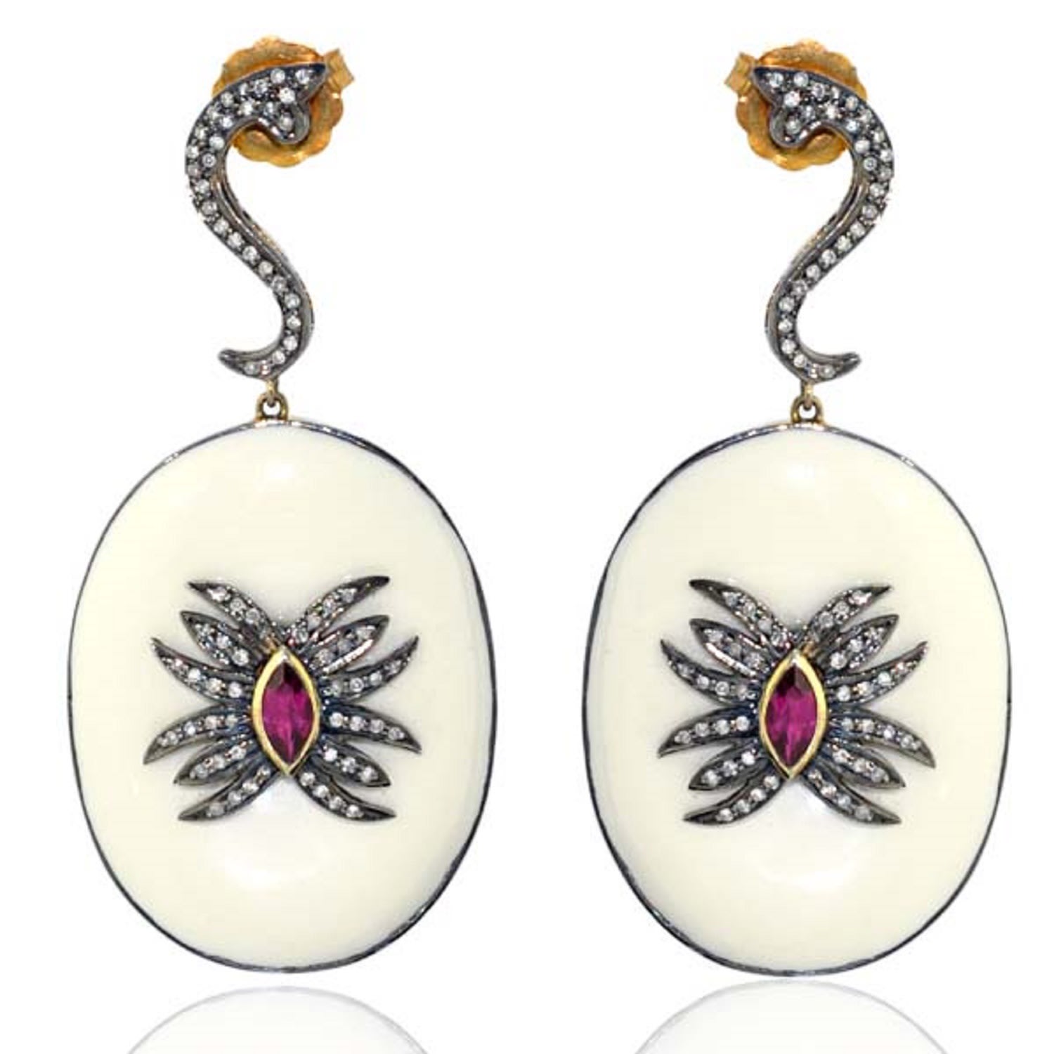 Artisan Women's Marquise Cut Ruby & Pave Diamond In 14k Gold 925 Silver Enamel Dangle Earrings In Neutral