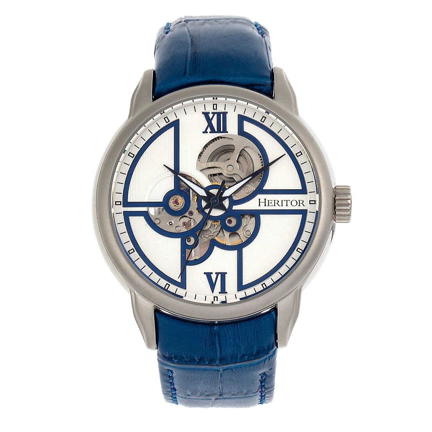 Heritor Automatic Men's Blue / Silver Sanford Semi-skeleton Leather-band Watch - Blue, Silver In Blue/silver