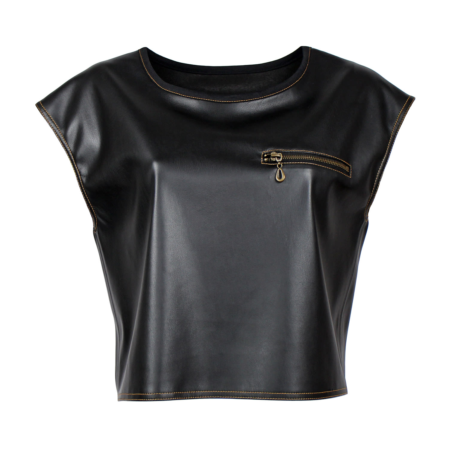 Lalipop Design Women's Black Sleeveless Blouse With Vegan Leather Finish & Zipper Detail In Brown