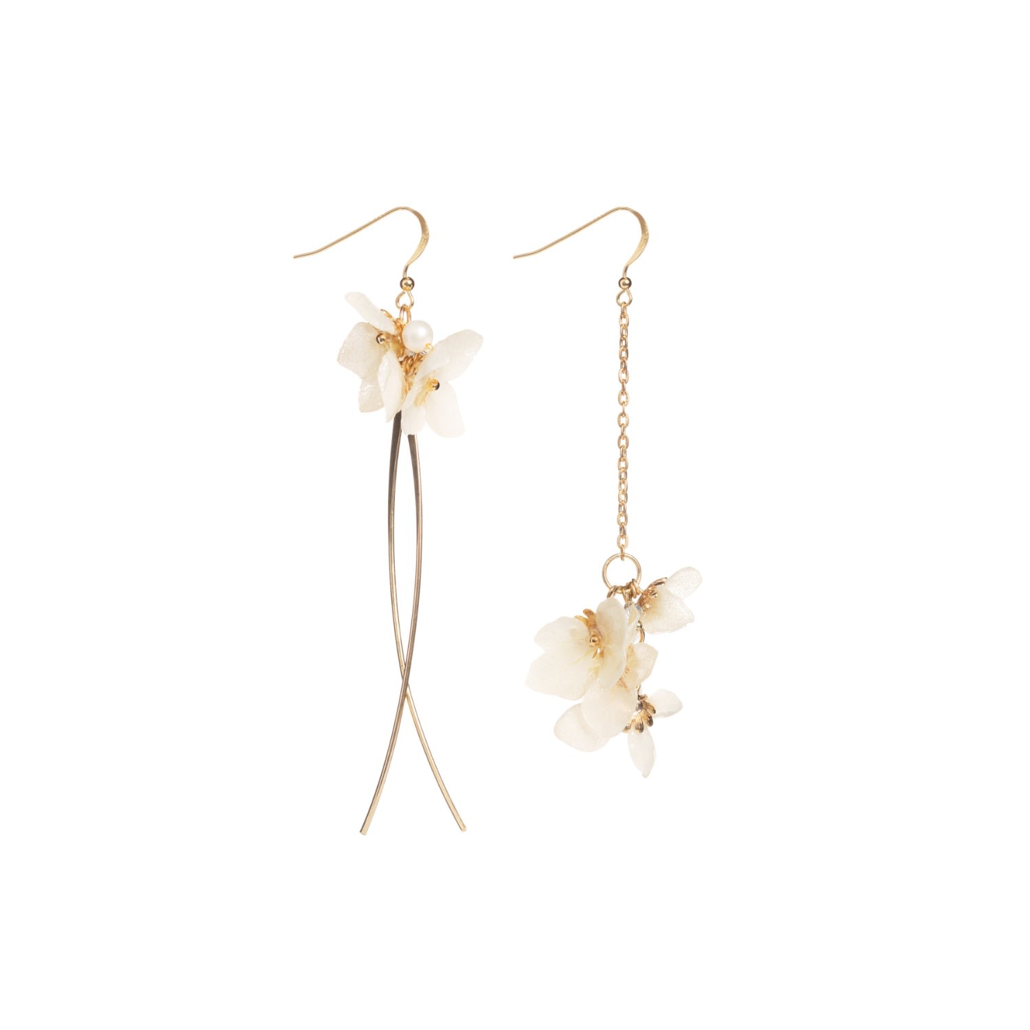 I'mmany London Women's Neutrals Real Flower Savill Lace Hydrangea Asymmetric Drop Earrings
