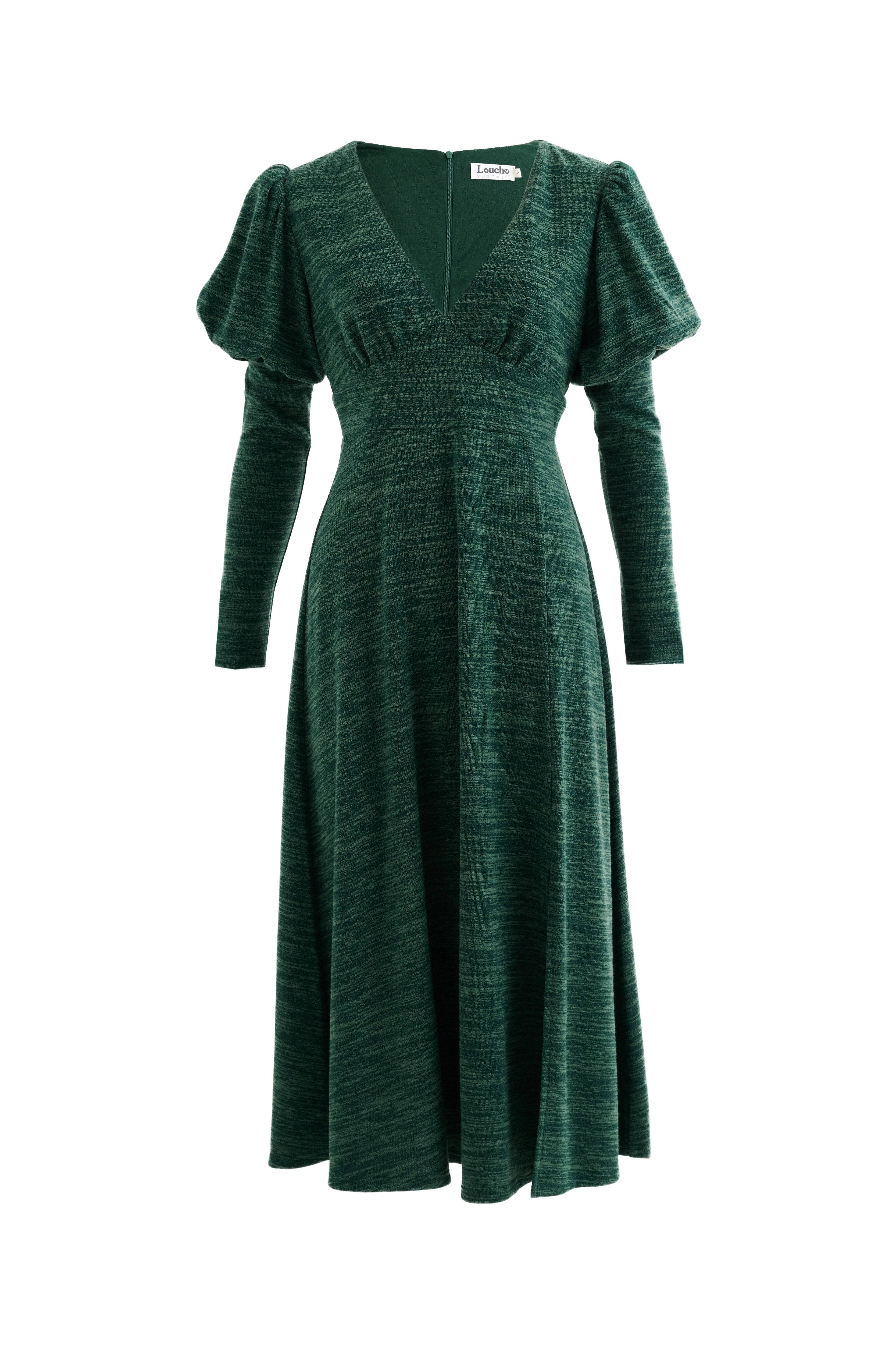 Louche Women's Moa Sustainable Marl Puff Sleeve V Neck Midi Dress - Green In Green