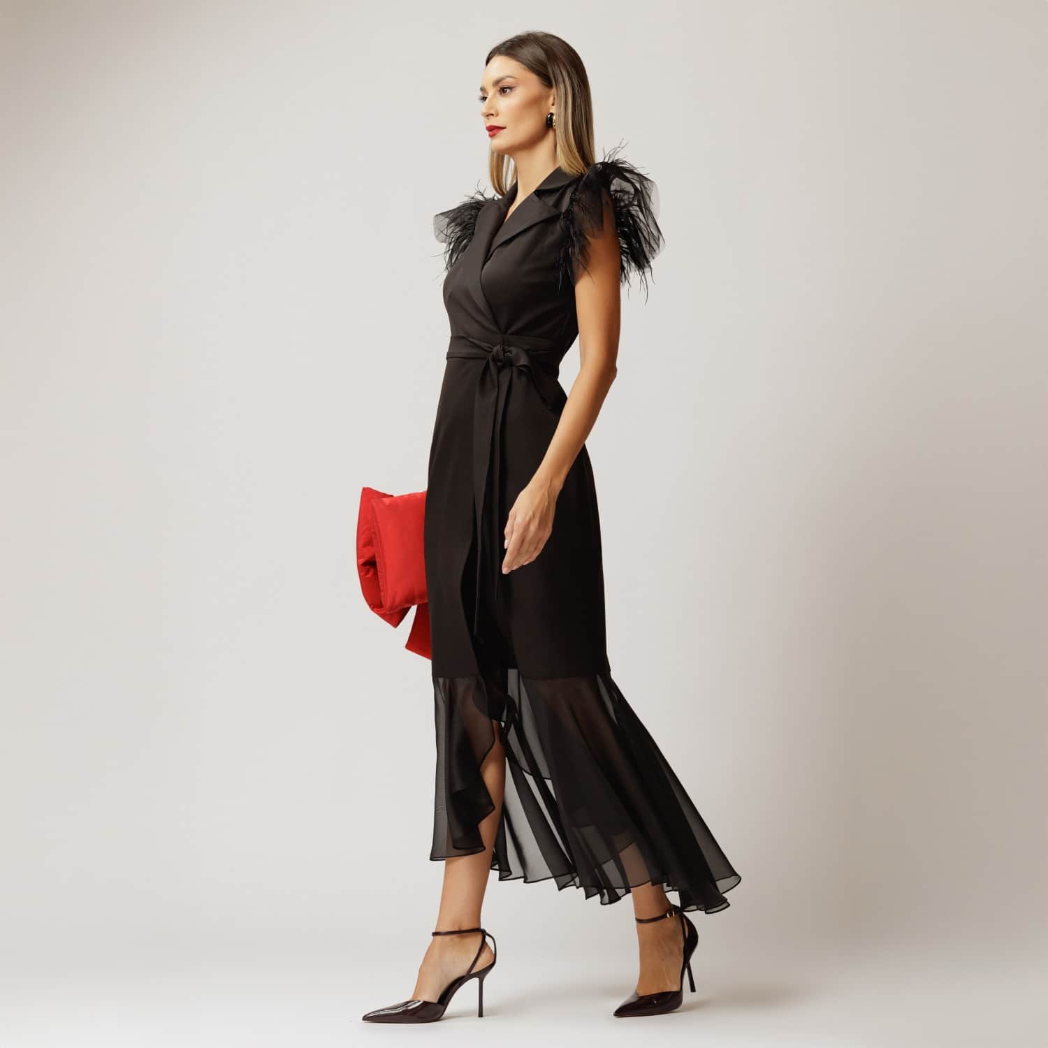 Concept A Trois Long Blazer Wrap Dress With Tulle - Black