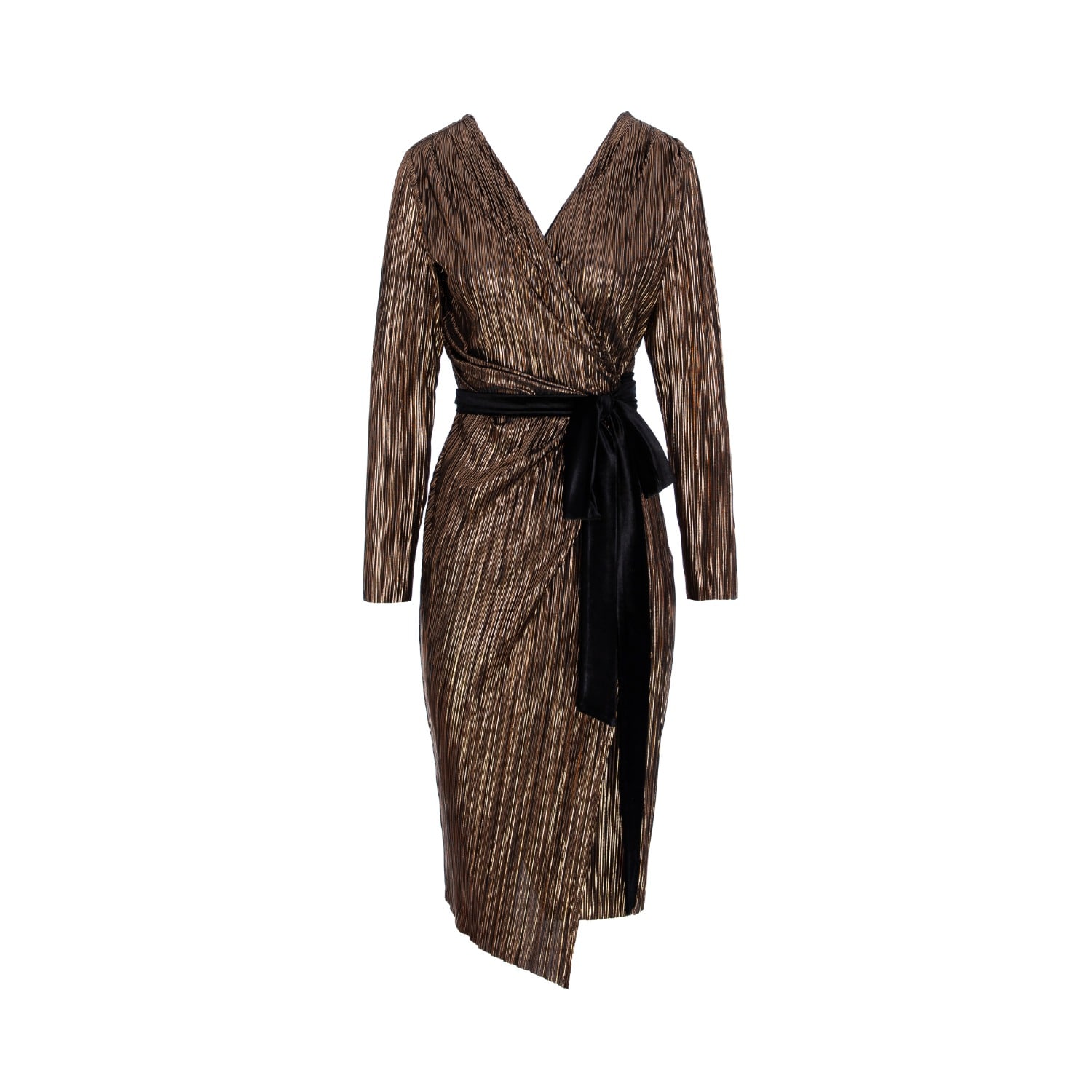Women's Gold Plisse Cocktail Dress With Long Sleeves And Velvet Cord | Xs/S | Concept a Trois