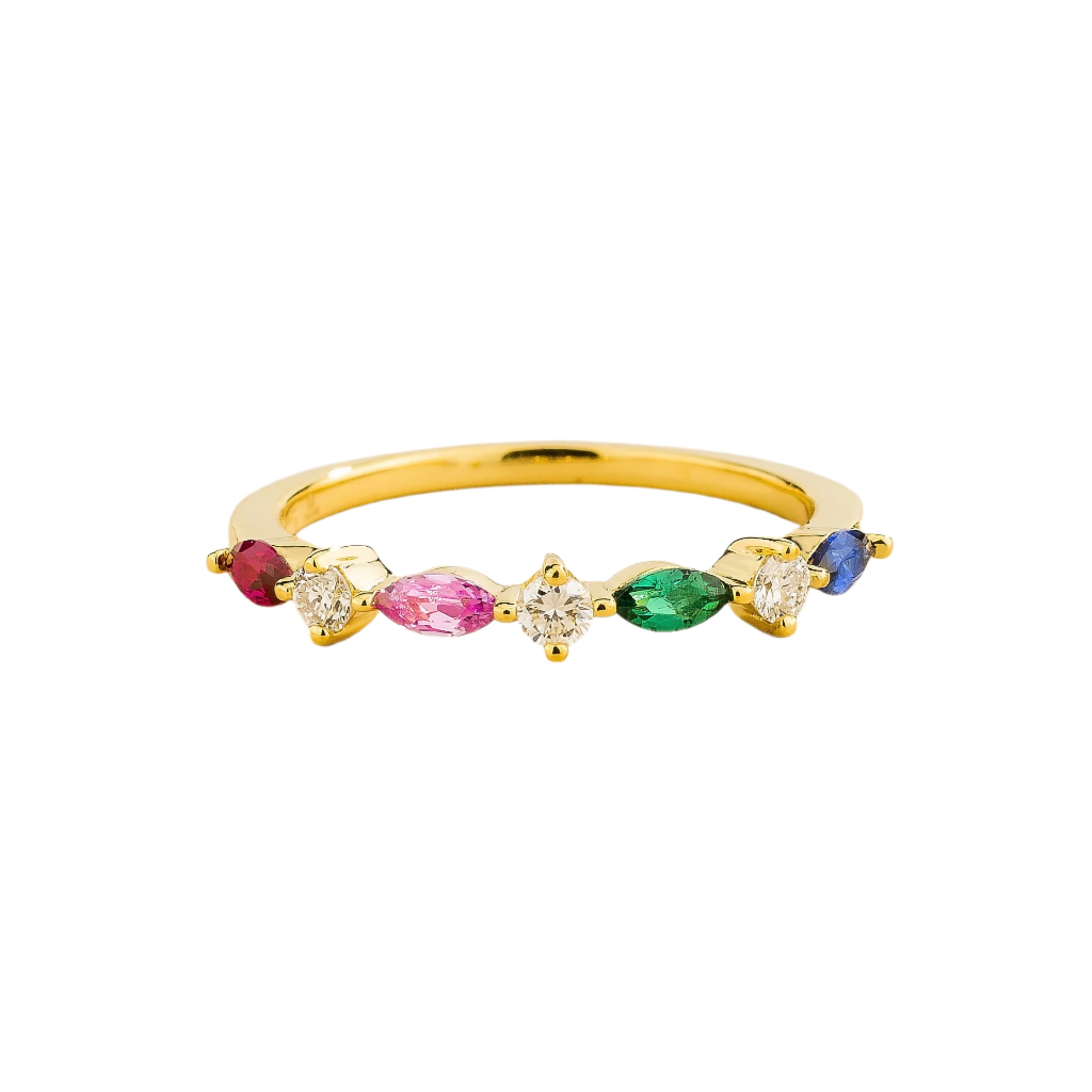 Juvetti Women's Green / Blue / Pink Markiz Gold Ring In Ruby, Pink Sapphire, Emerald, Blue Sapphire & Diamon In Multi