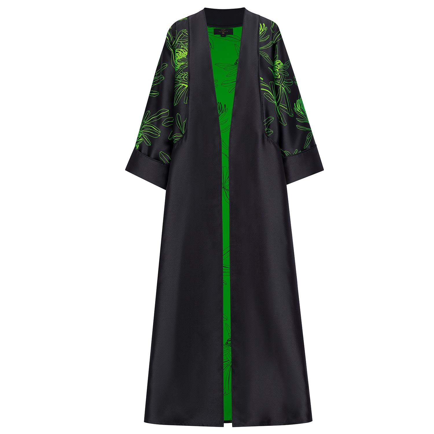 Azzalia Women's Black Mikado Abaya With Rolled-up Sleeves And Jacquard Printed Fine Line Pocket- Lime Punch In Black