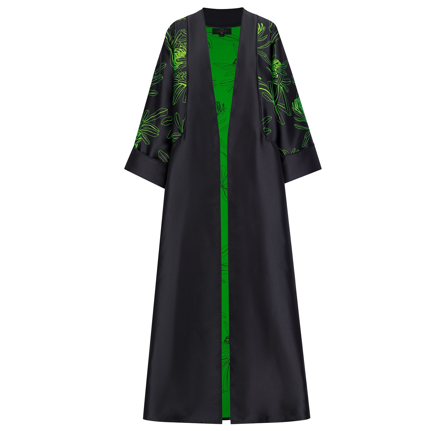 Women’s Black Mikado Abaya With Rolled-Up Sleeves And Jacquard Printed Fine Line Pocket- Lime Punch Large Azzalia