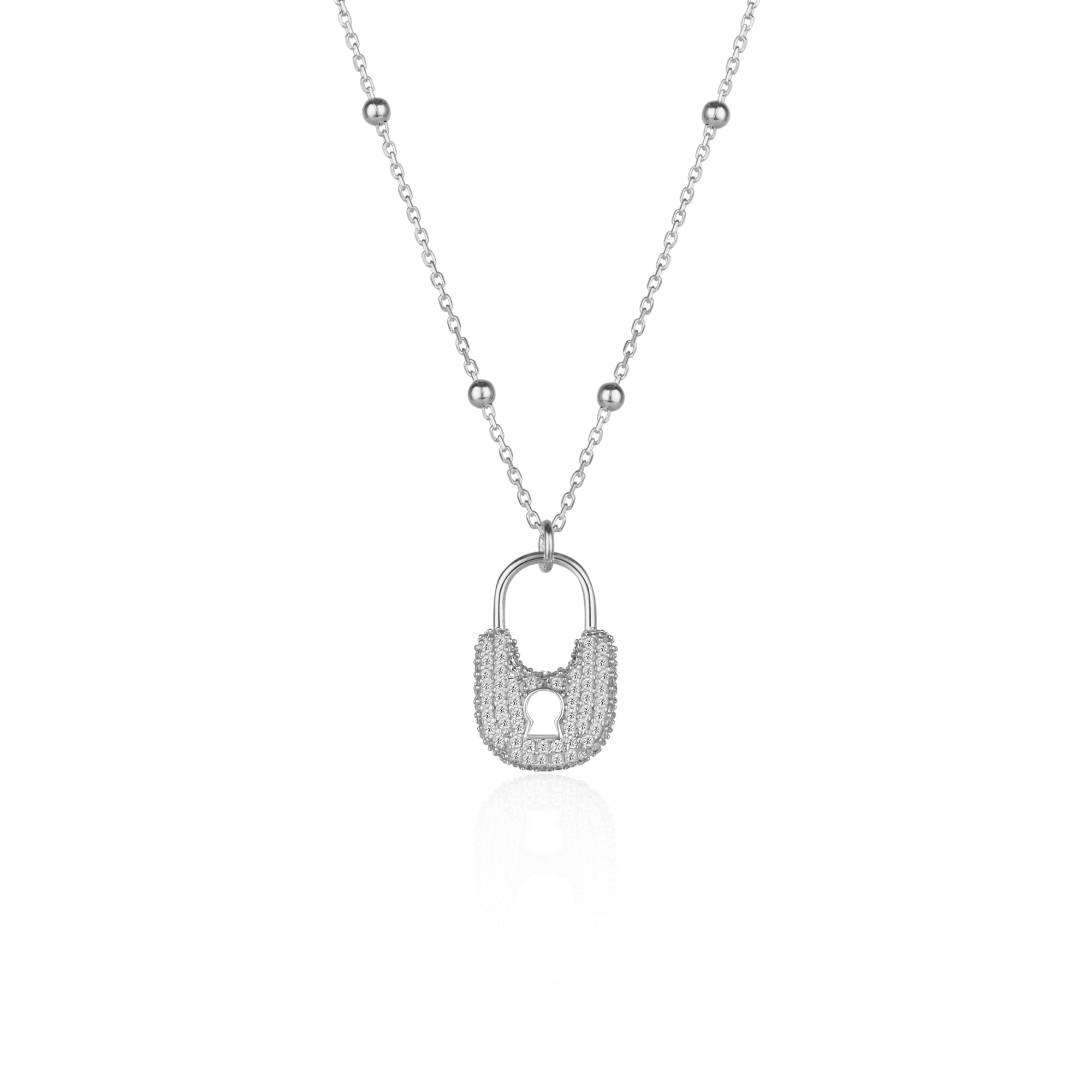 Spero London Women's Lock Pendant Necklace With Beaded Chain Sterling Silver - Silver In Silver