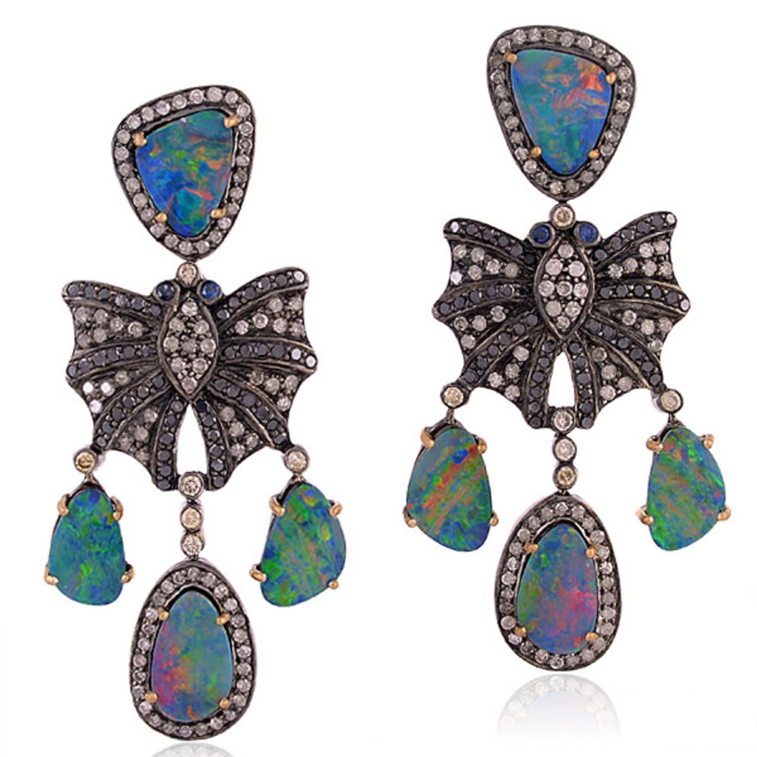 Women’s White / Gold Opal Doublet With Diamond & Blue Sapphire In 18K Gold 925 Sterling Silver Chandelier Earrings Artisan