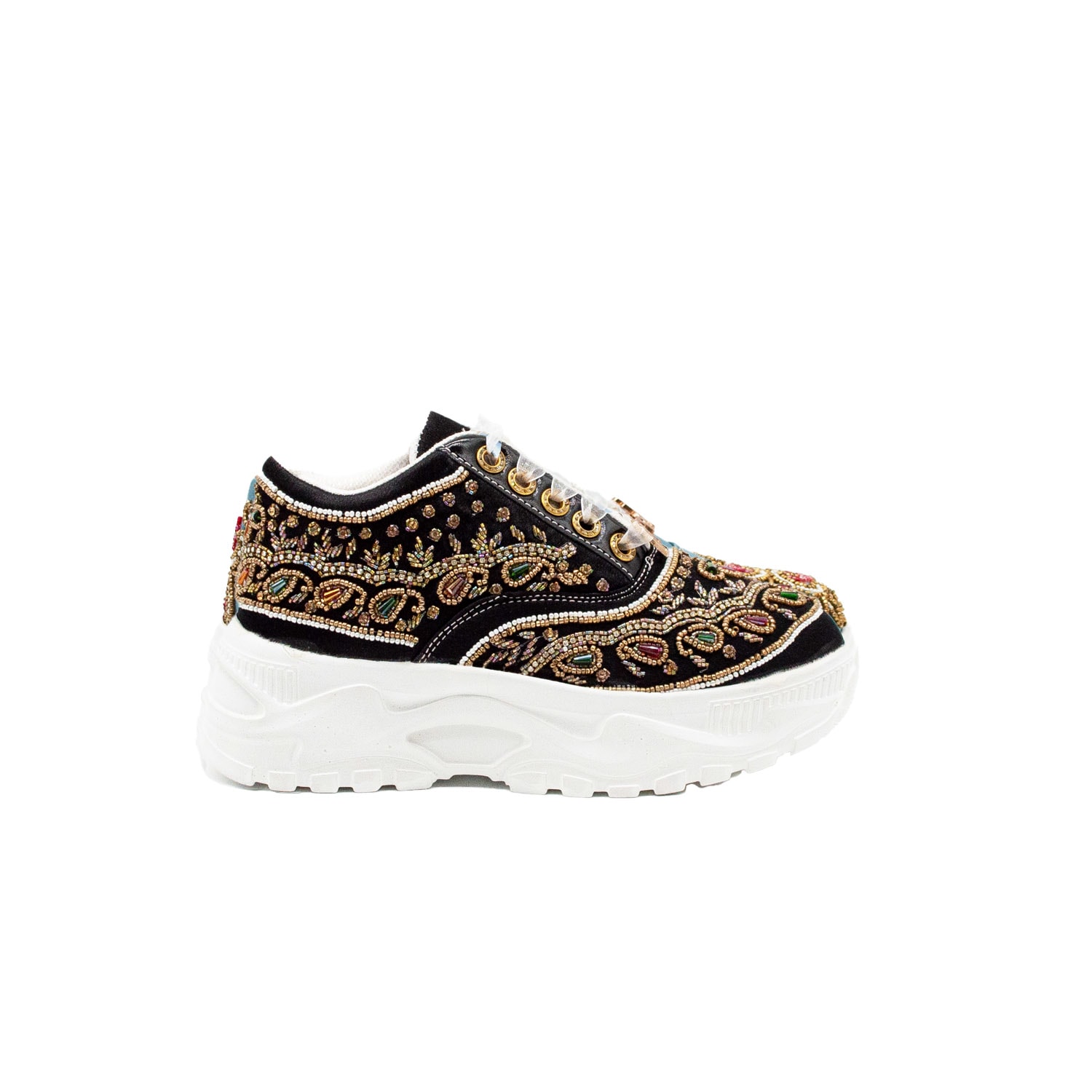 Rettrose Women's The Isabella Luxury Black Satin Handmade Embellished Trainers In Black