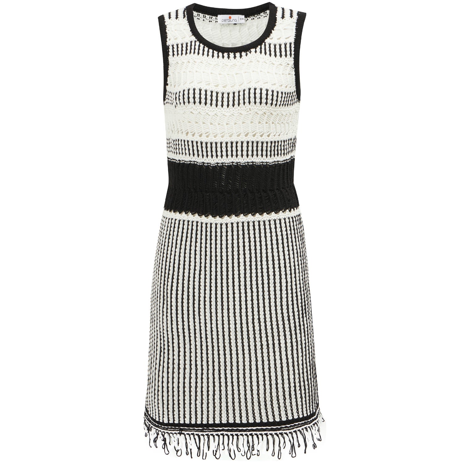 Women’s Kiyo Sleeveless Above-Knee Tasseled Open Work Summer Knit Dress - Ecru/Black L/Xl Peraluna