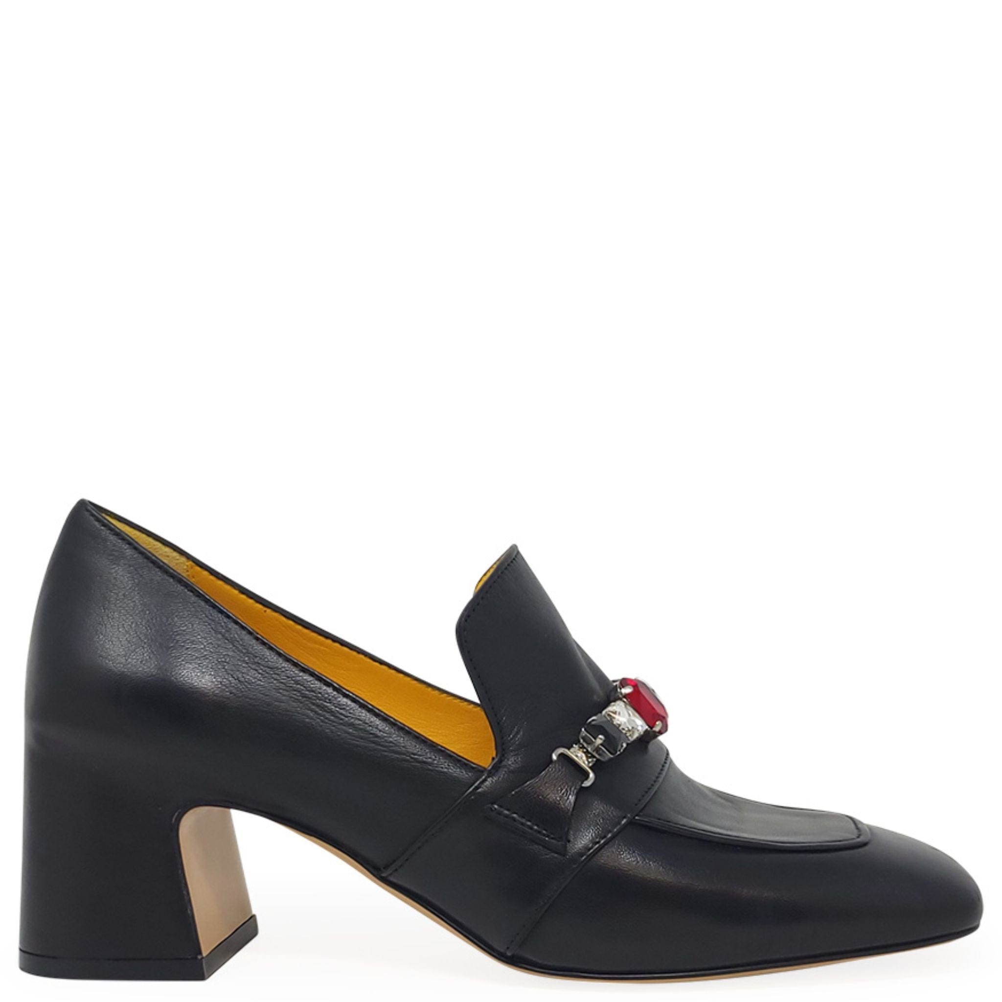 Madison.maison Women's Black Leather Mid Heel Jeweled Loafer In Black
