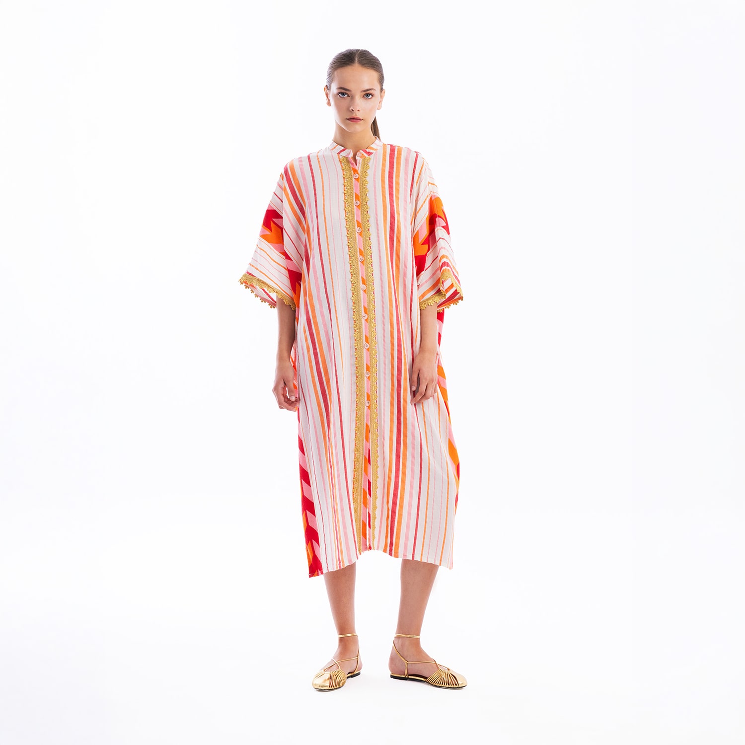 Women's Orange / White / Red Lace Insert Button-Down Embroidered Cotton Kaftan Red Arrow | One Size | Haris Cotton