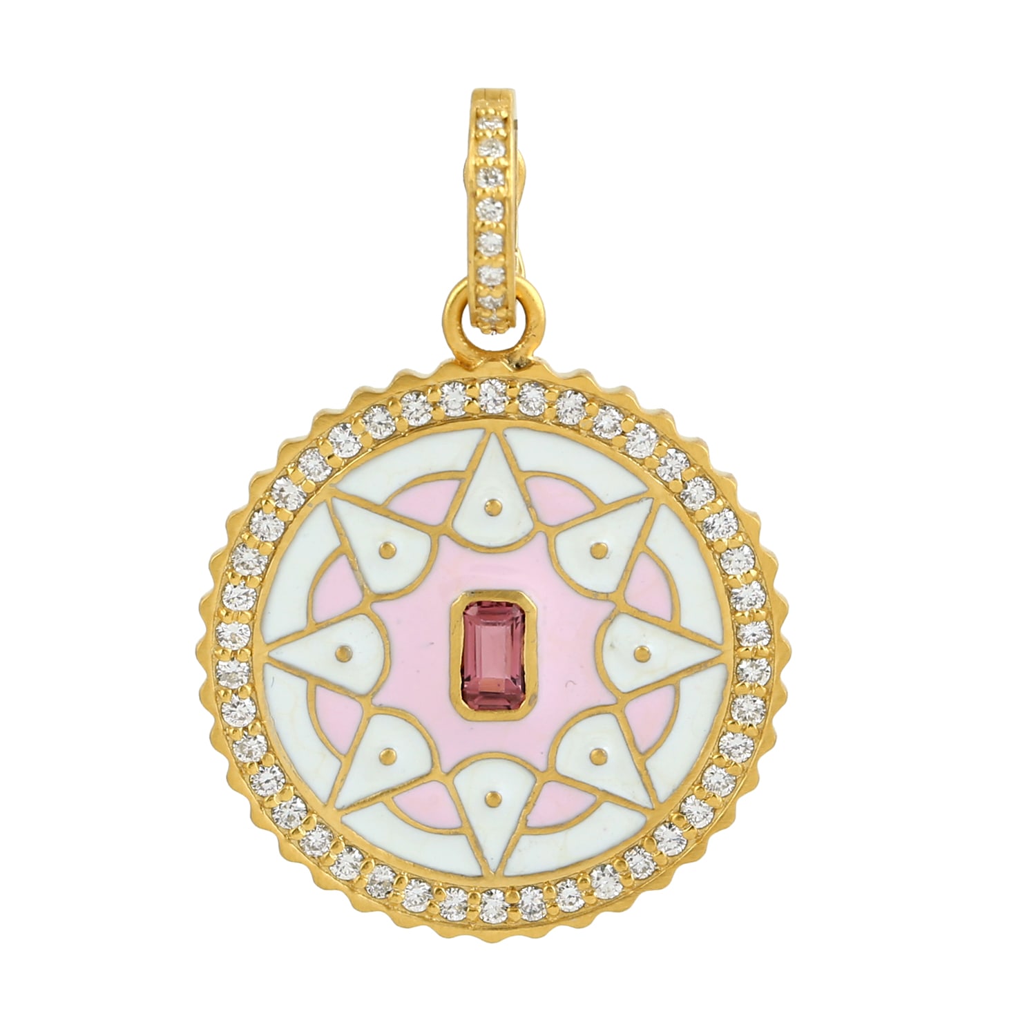 Women’s Gold / Pink / Purple 14K Gold With Baguette Pink Tourmaline Bezel Set & Pave Diamond Baby Pink Enamel Mandala Pendant Artisan