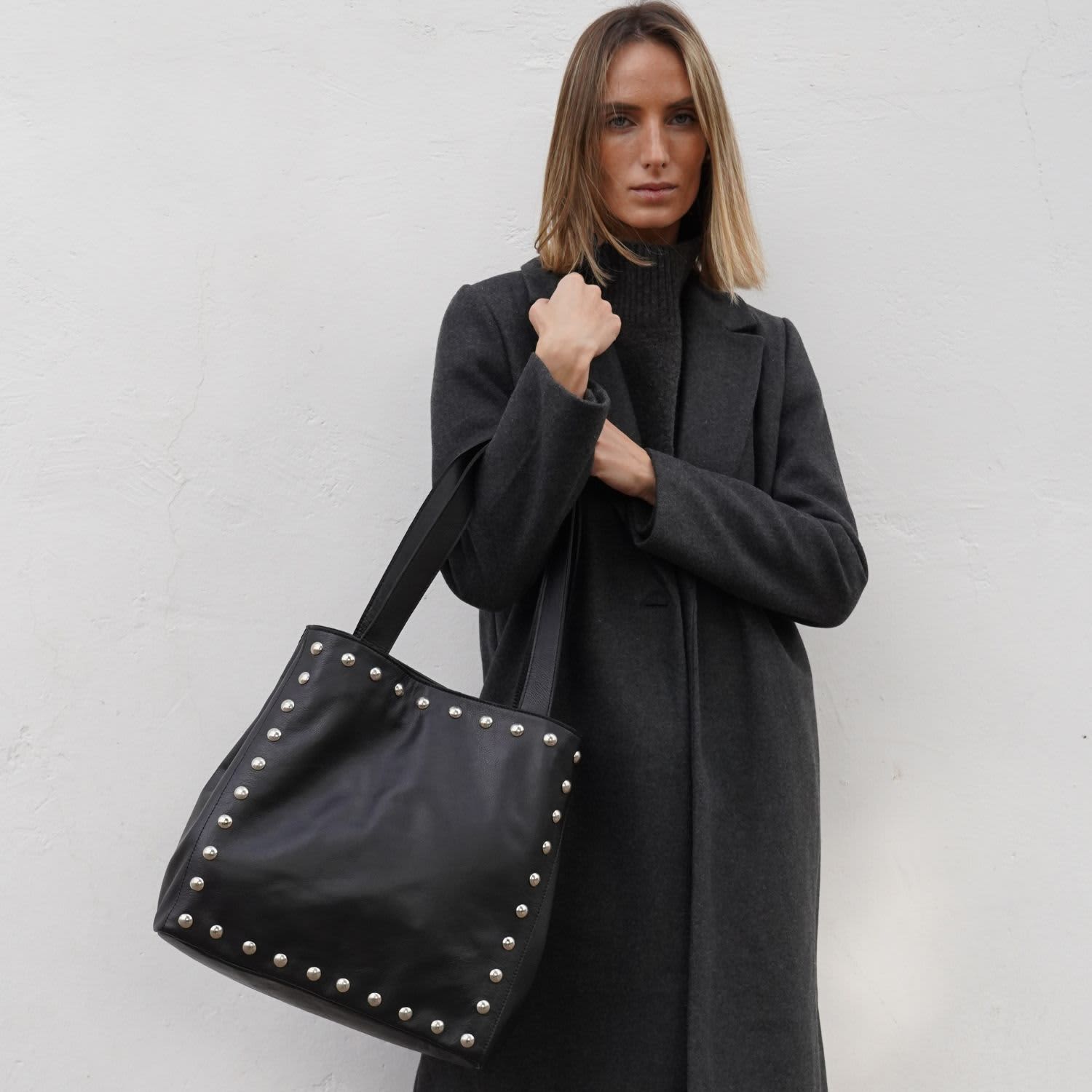 Black Leather Studded Tote Bag | JUAN-JO | Wolf & Badger