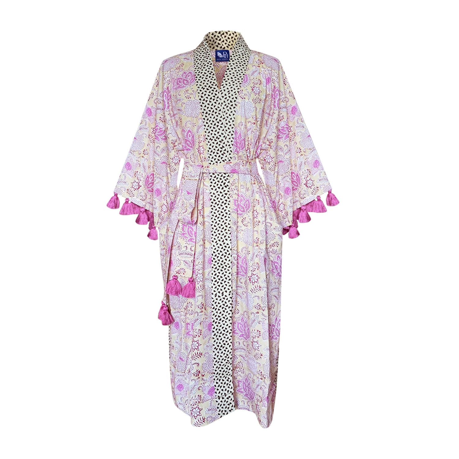 Women’s Pink / Purple Handblock Cotton Kimono With Tassels - French Pink Rose With Trimming One Size Pick Happy