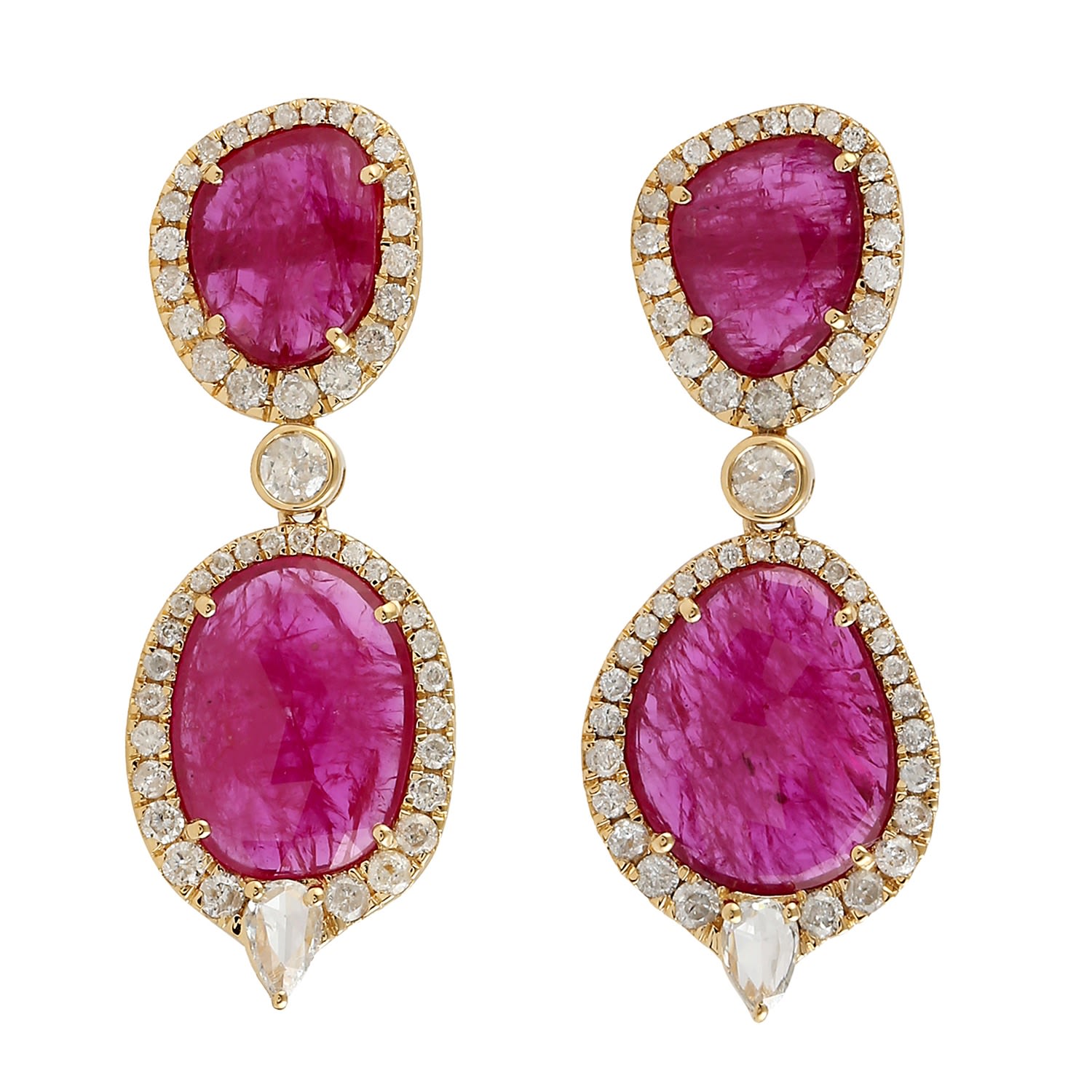 Women’s Pink / Purple / White Solid Yellow Gold Natural Ruby Pave Diamond Designer Dangle Earrings Jewelry Artisan