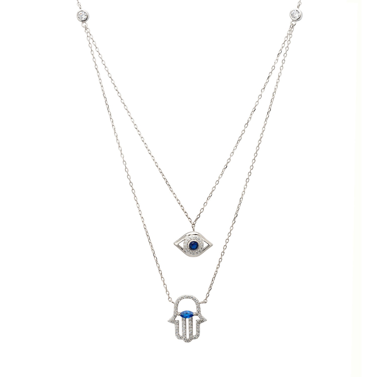 Women’s Blue / Silver / White Hamsa Hand And Evil Eye Layered Necklace Silver Latelita