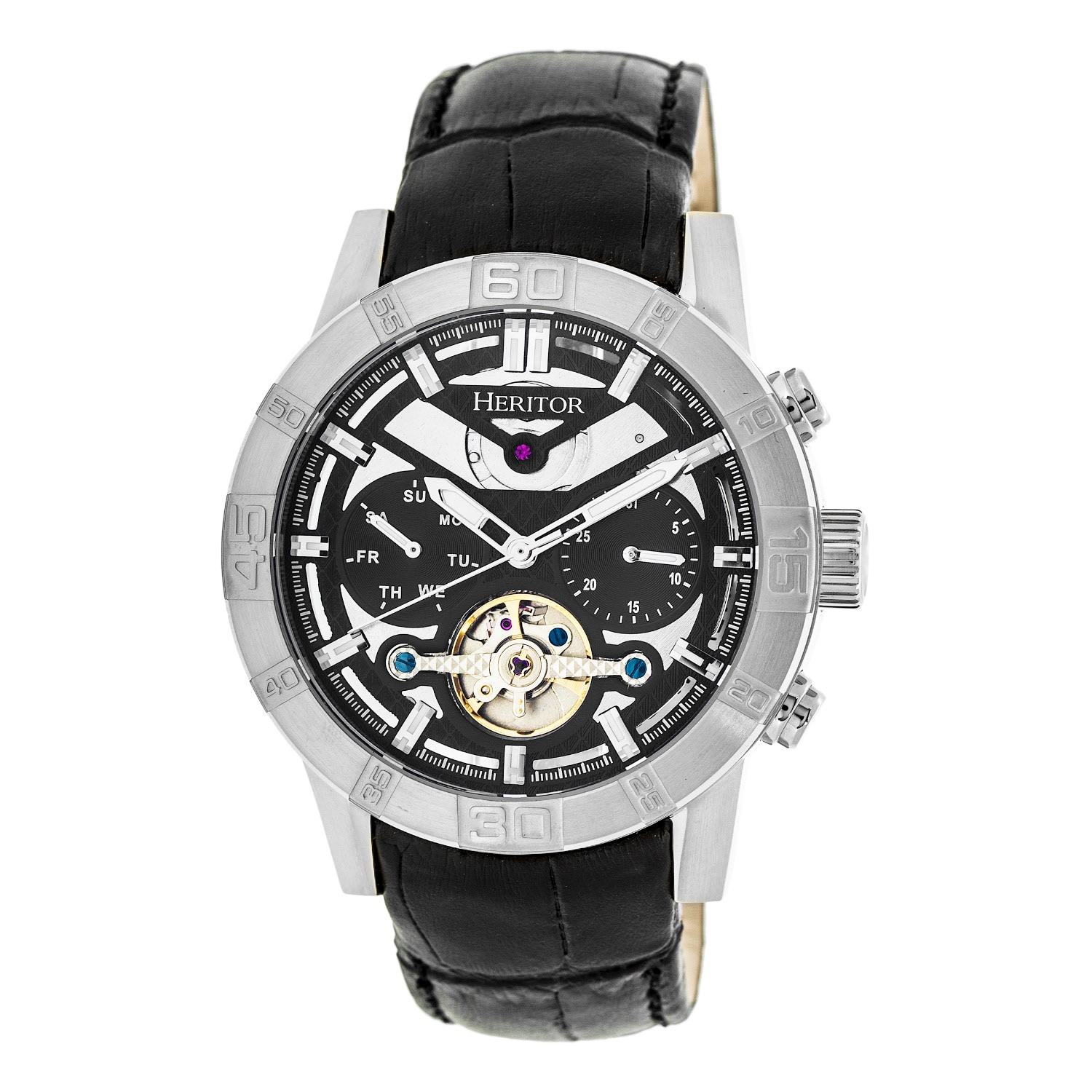 Men’s Silver / Black Hannibal Semi-Skeleton Leather-Band Watch With Day And Date - Black, Silver One Size Heritor Automatic