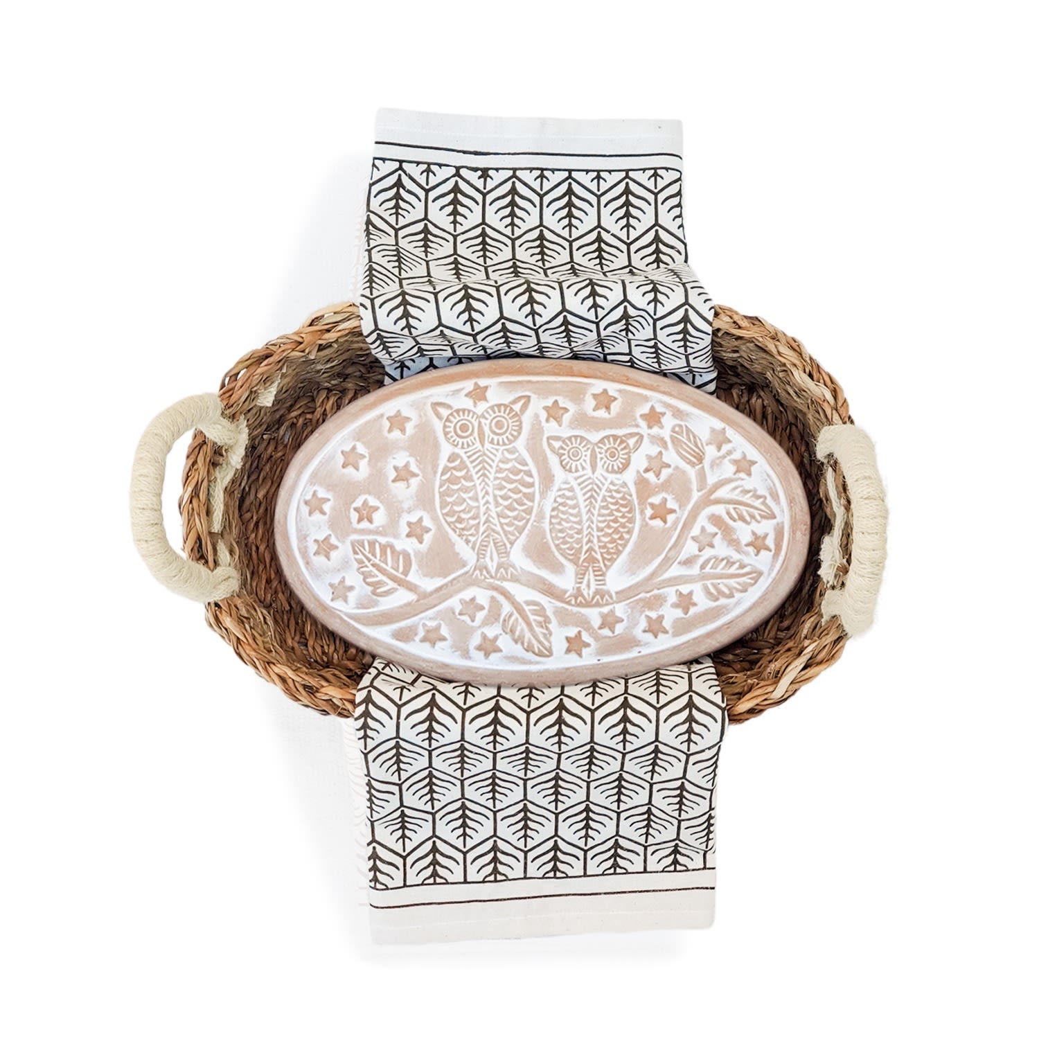 Korissa Bread Warmer & Basket Gift Set With Dark Brown Tea Towel - Owl Oval In Brown