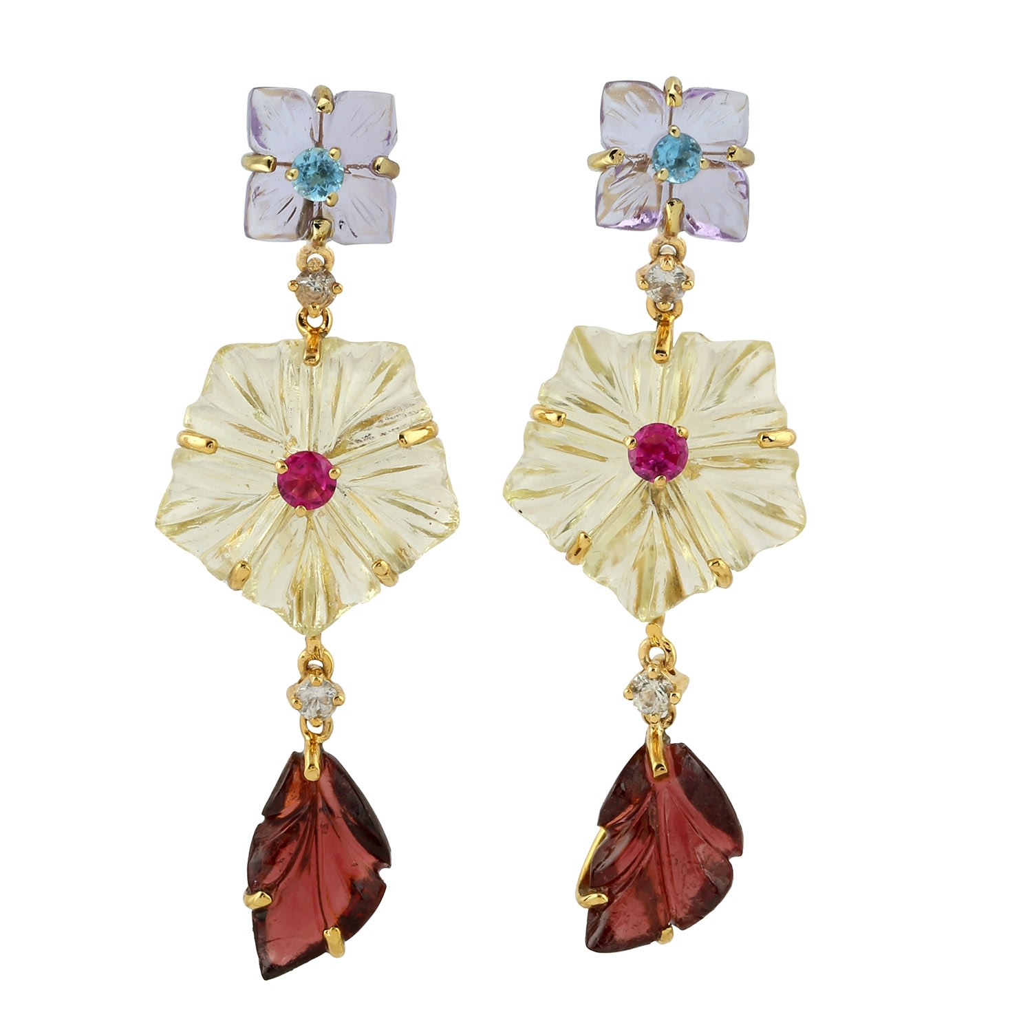 Artisan Women's Designer Carved Flower Earrings Featuring Multi-gemstones