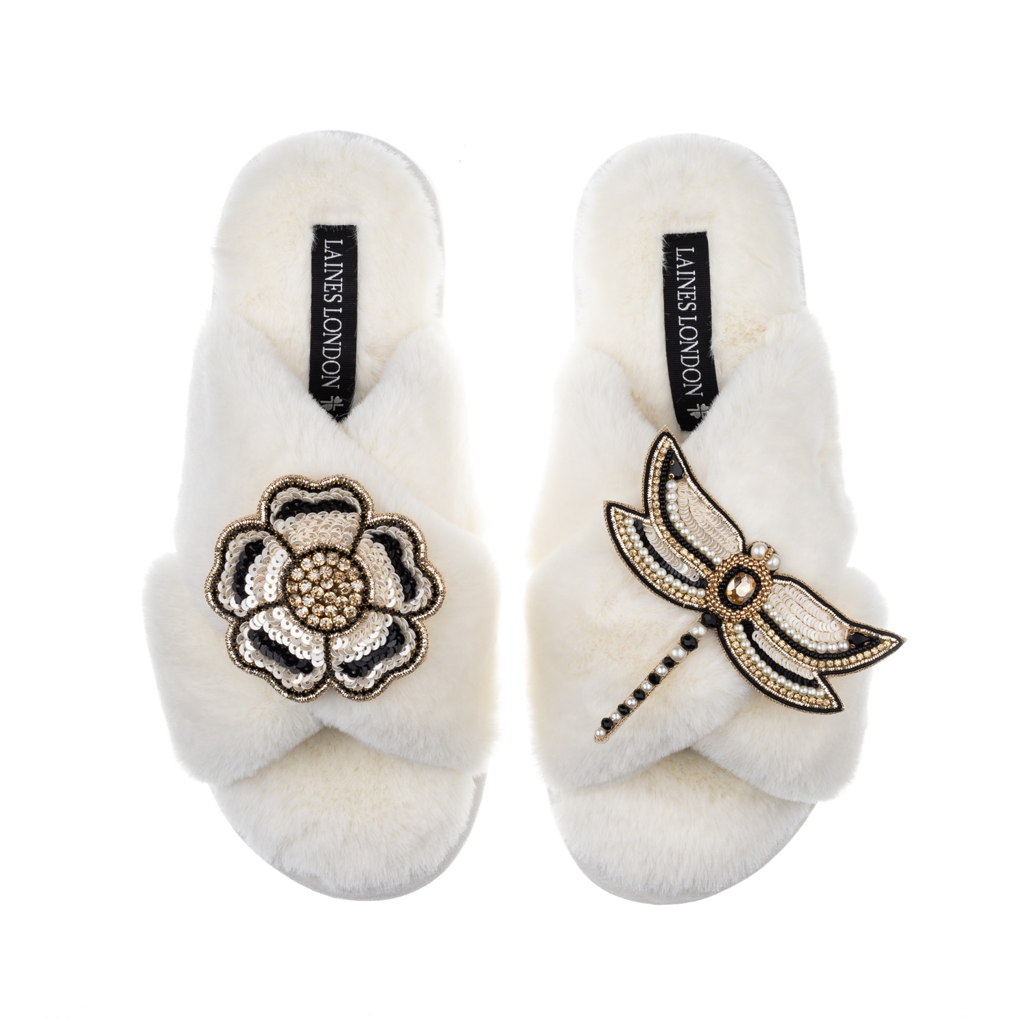 Laines London Women's White Classic Laines Slippers With Dragonfly & Flower Brooches - Cream