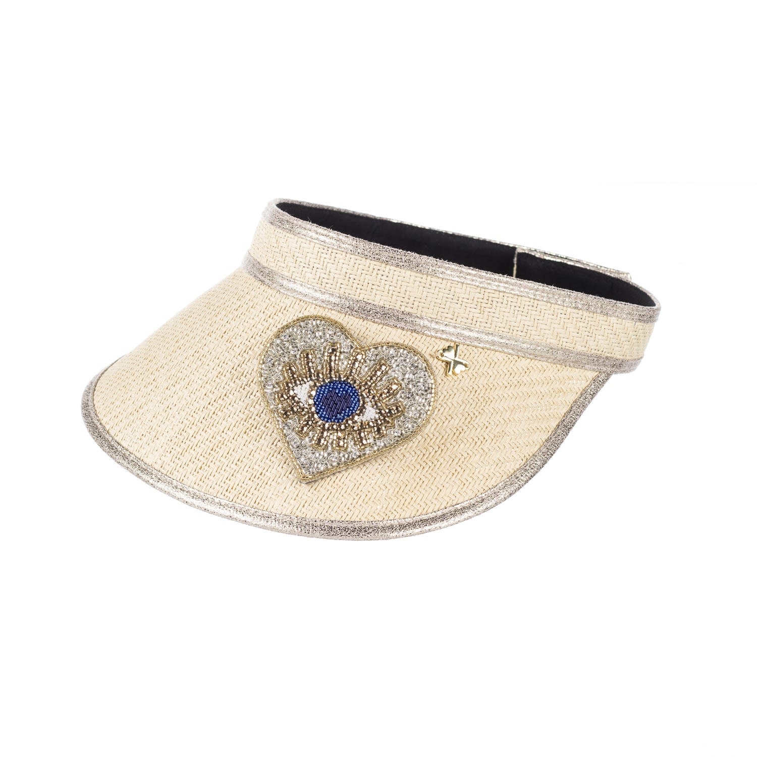 Women’s Neutrals Straw Woven Visor With Embellished Couture Gold & Blue Heart Eye Brooch - Cream One Size Laines London