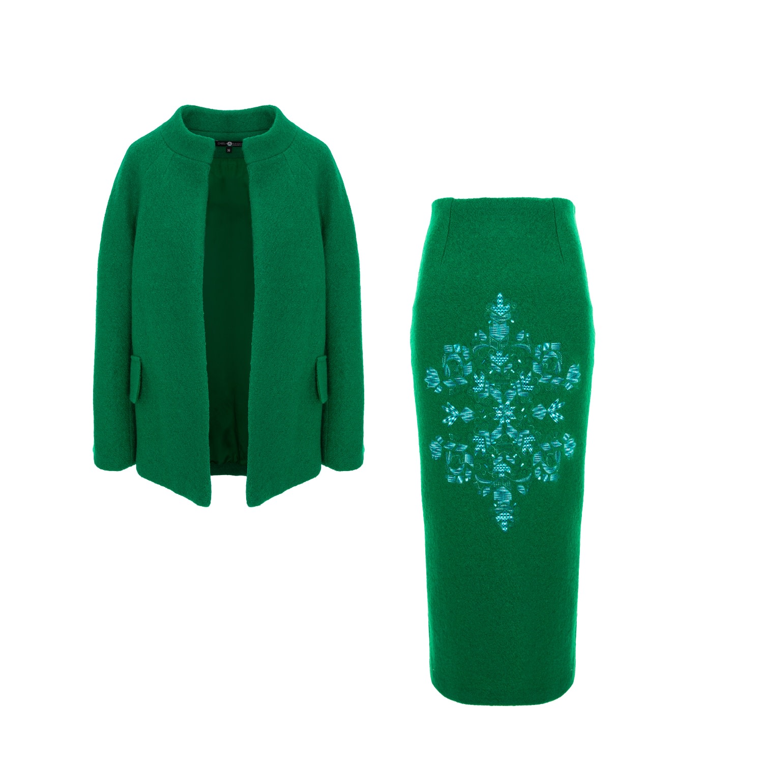 Wool Green Set With Skirt And Short Coat With Tree Of Life Embroidery Medium Izabela Mandoiu