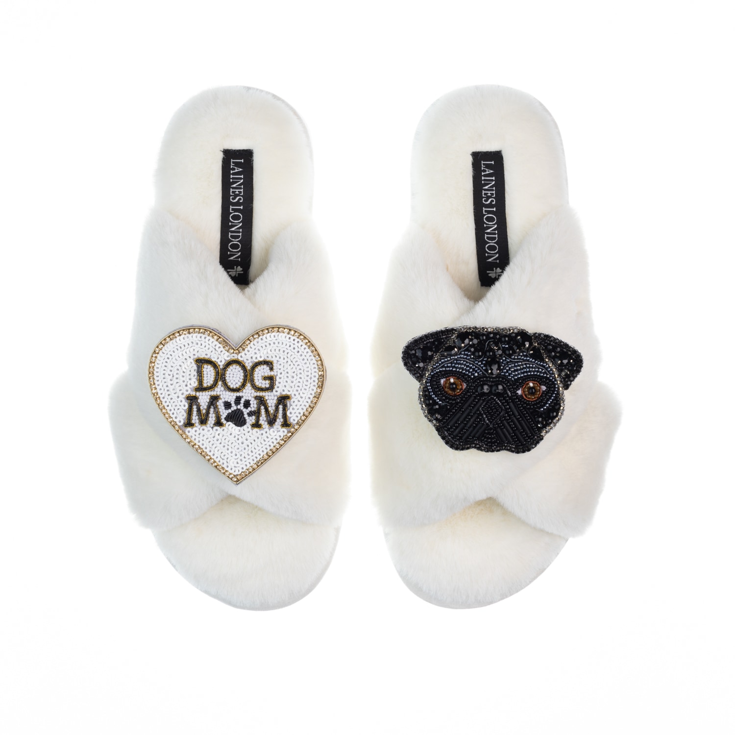 Women’s White Classic Laines Slippers With Snoopy Pug & Dog Mum / Mom Brooches - Cream Extra Large Laines London